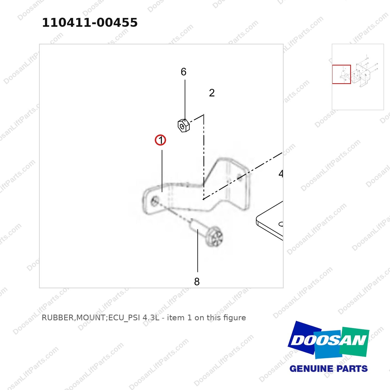 110411-00455 RUBBER,MOUNT;ECU_PSI 4.3L - parts diagram, item 1 shown - genuine Doosan / Bobcat forklift part