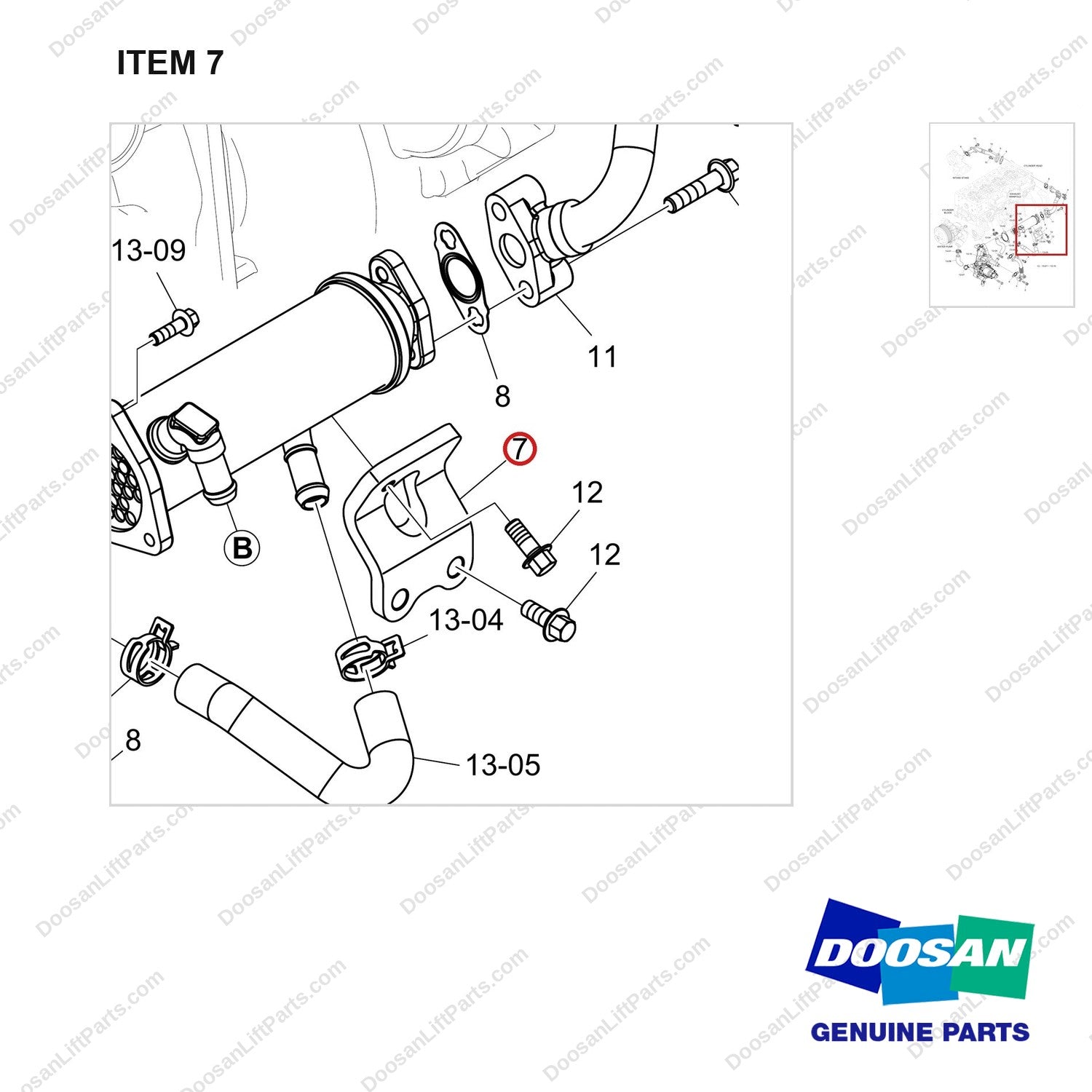 110411-00652 HOSE,COOLANT;DN03,EGR,7TON,55KW - parts diagram, item 7 shown - genuine Doosan / Bobcat forklift part