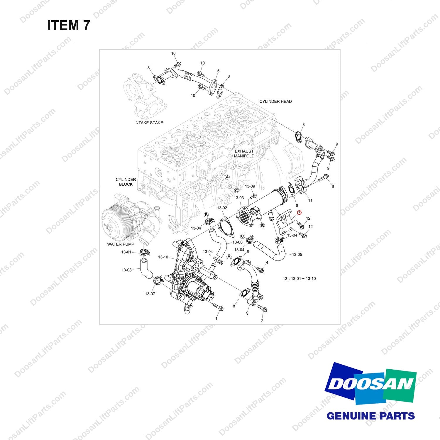 110411-00652 HOSE,COOLANT;DN03,EGR,7TON,55KW - full parts diagram, item 7 marked - genuine Doosan / Bobcat forklift part