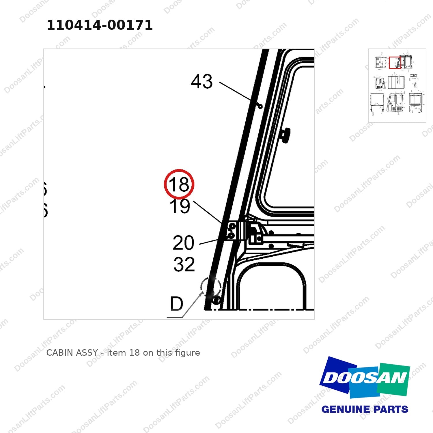 110414-00171 CABIN ASSY - parts diagram, item 18 shown - genuine Doosan / Bobcat forklift part
