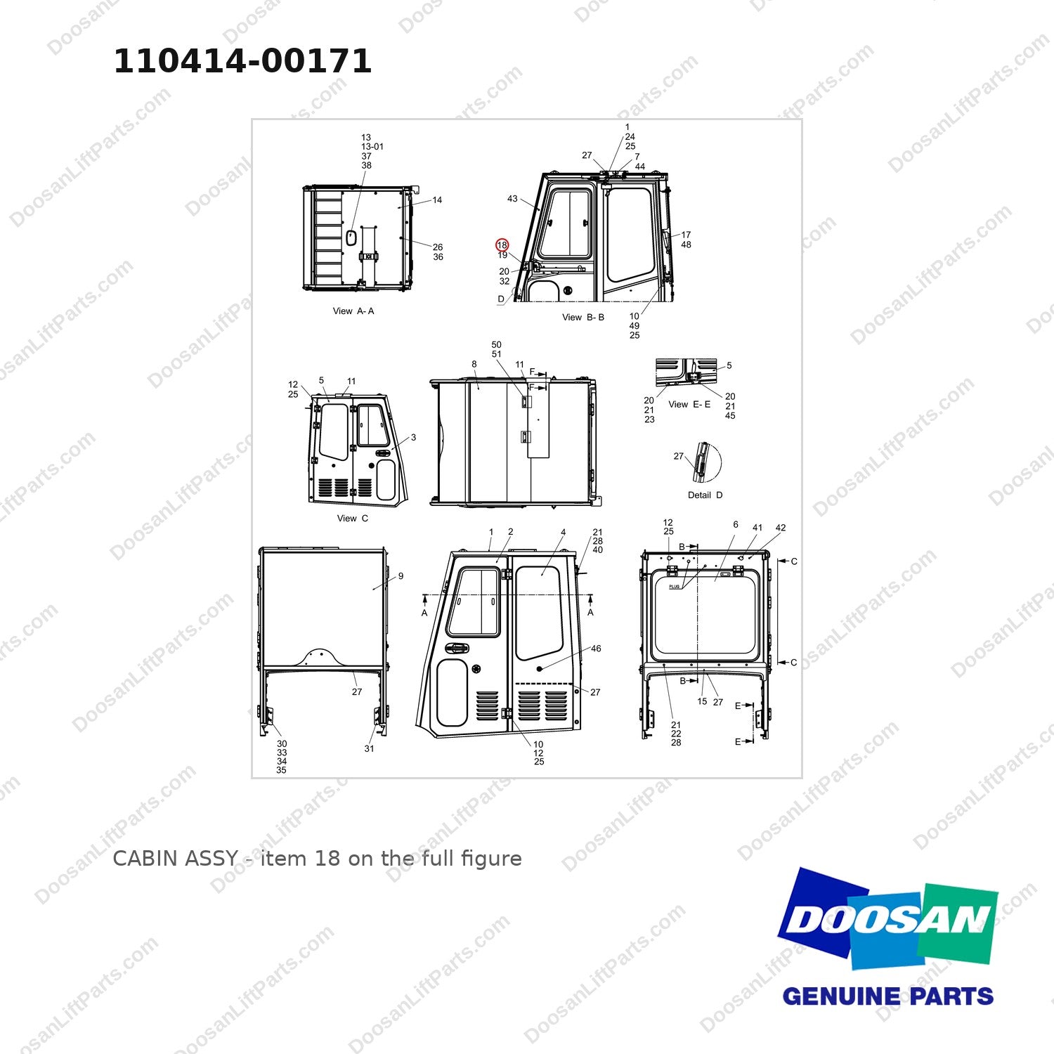110414-00171 CABIN ASSY - full parts diagram, item 18 marked - genuine Doosan / Bobcat forklift part