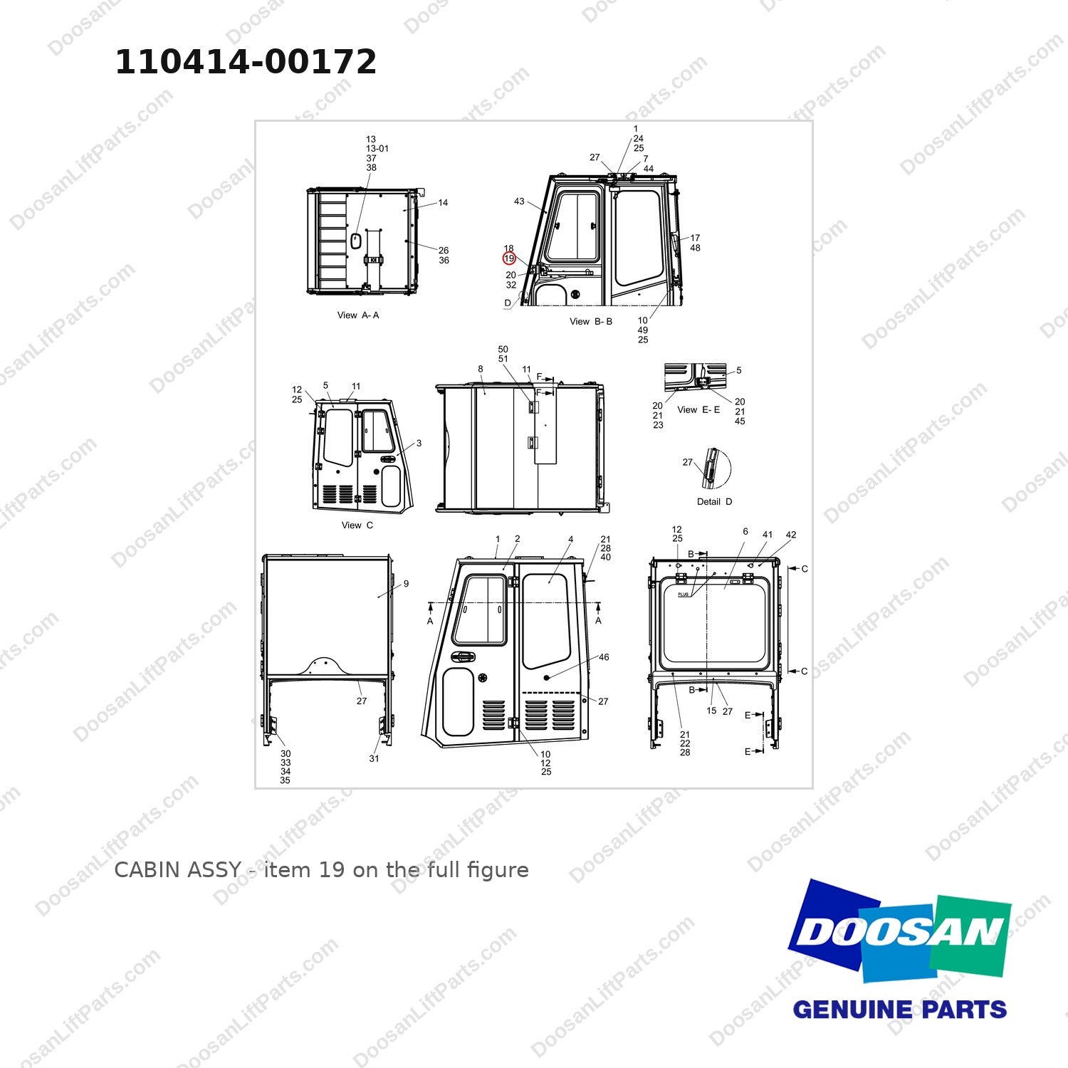 110414-00172 CABIN ASSY - full parts diagram, item 19 marked - genuine Doosan / Bobcat forklift part