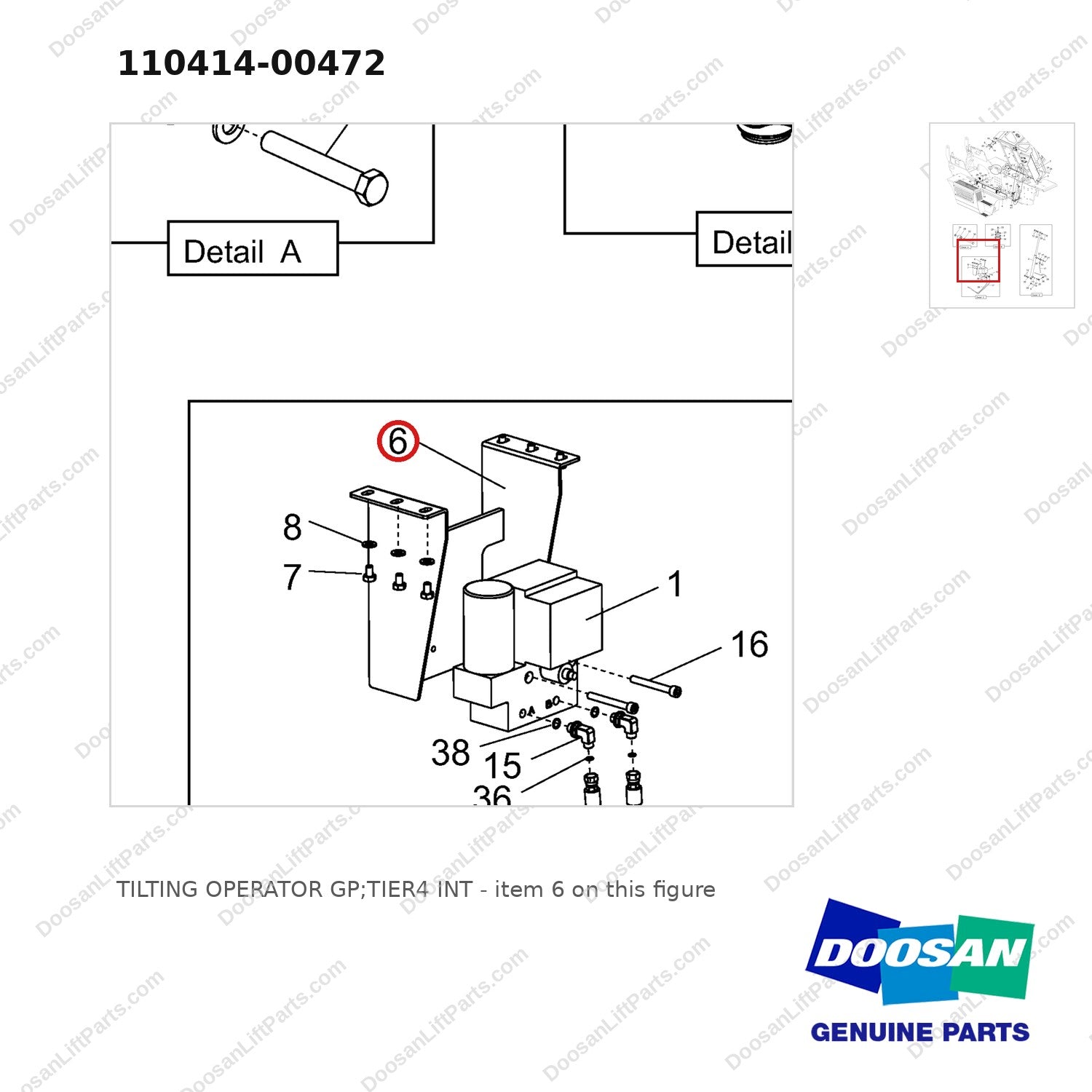 110414-00472 TILTING OPERATOR GP;TIER4 INT - parts diagram, item 6 shown - genuine Doosan / Bobcat forklift part