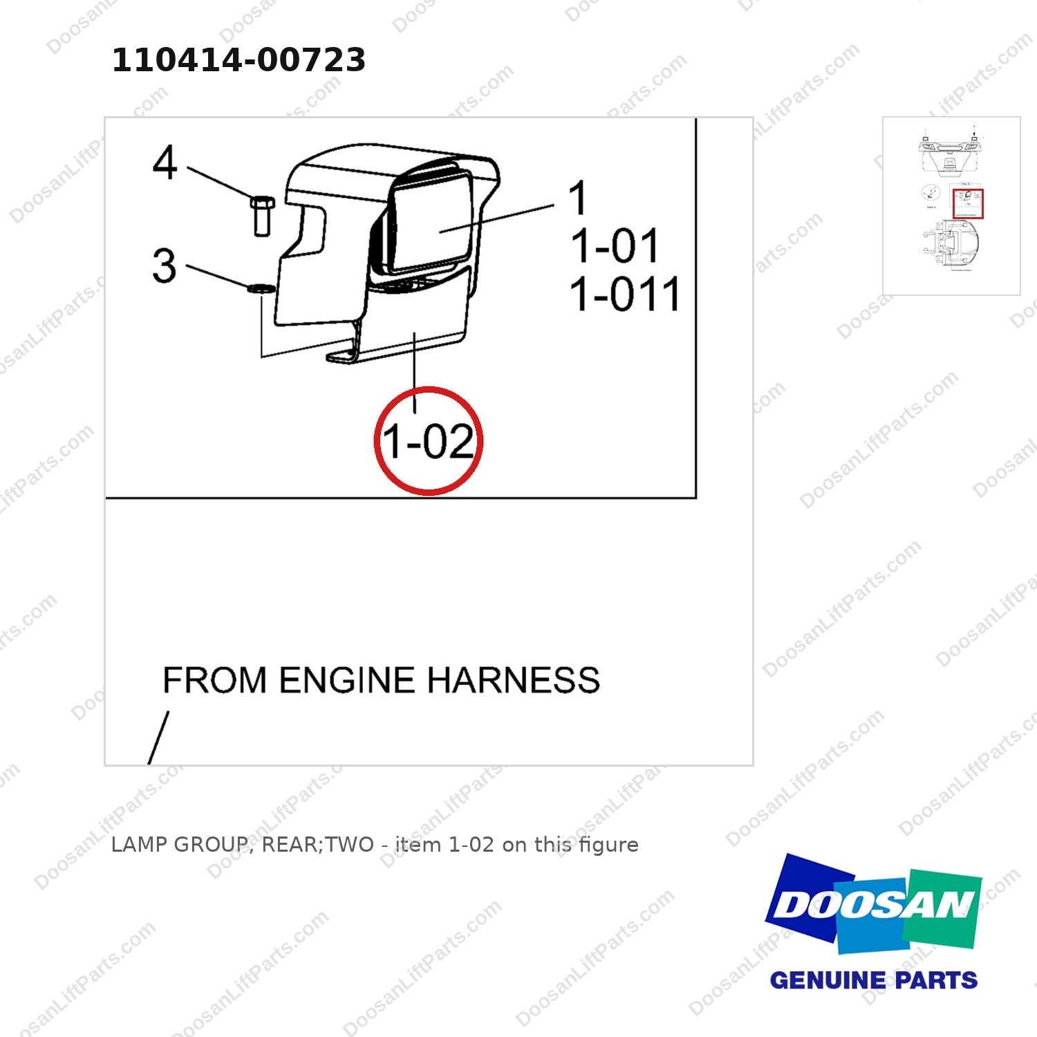 110414-00723 LAMP GROUP, REAR;TWO - parts diagram, item 1-02 shown - genuine Doosan / Bobcat forklift part