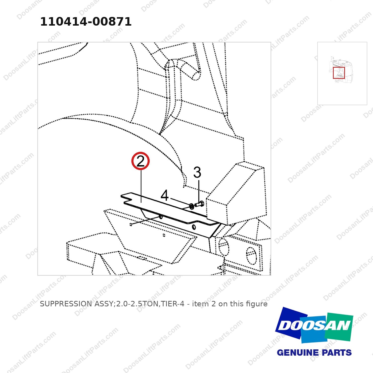 110414-00871 SUPPRESSION ASSY;2.0-2.5TON,TIER-4 - parts diagram, item 2 shown - genuine Doosan / Bobcat forklift part