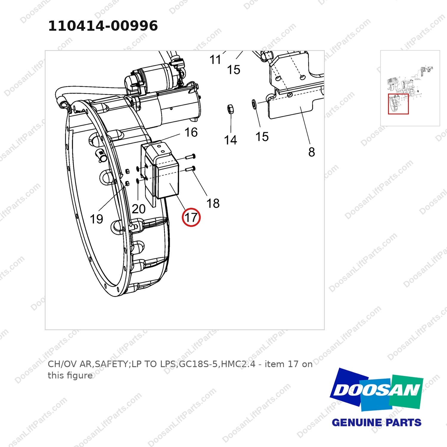110414-00996 CH/OV AR,SAFETY;LP TO LPS,GC18S-5,HMC2.4 - parts diagram, item 17 shown - genuine Doosan / Bobcat forklift part