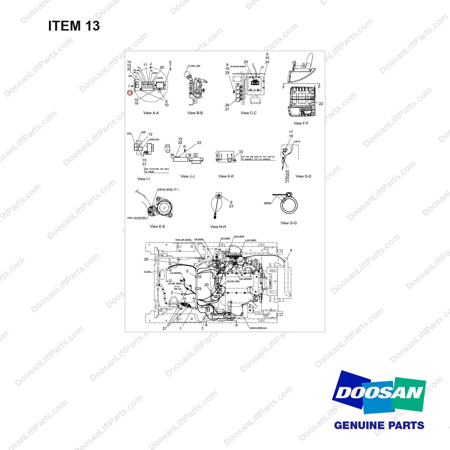110414-00997 WIRING GROUP;GC18S-5,T3,HMC2.4L - full parts diagram, item 13 marked - genuine Doosan / Bobcat forklift part