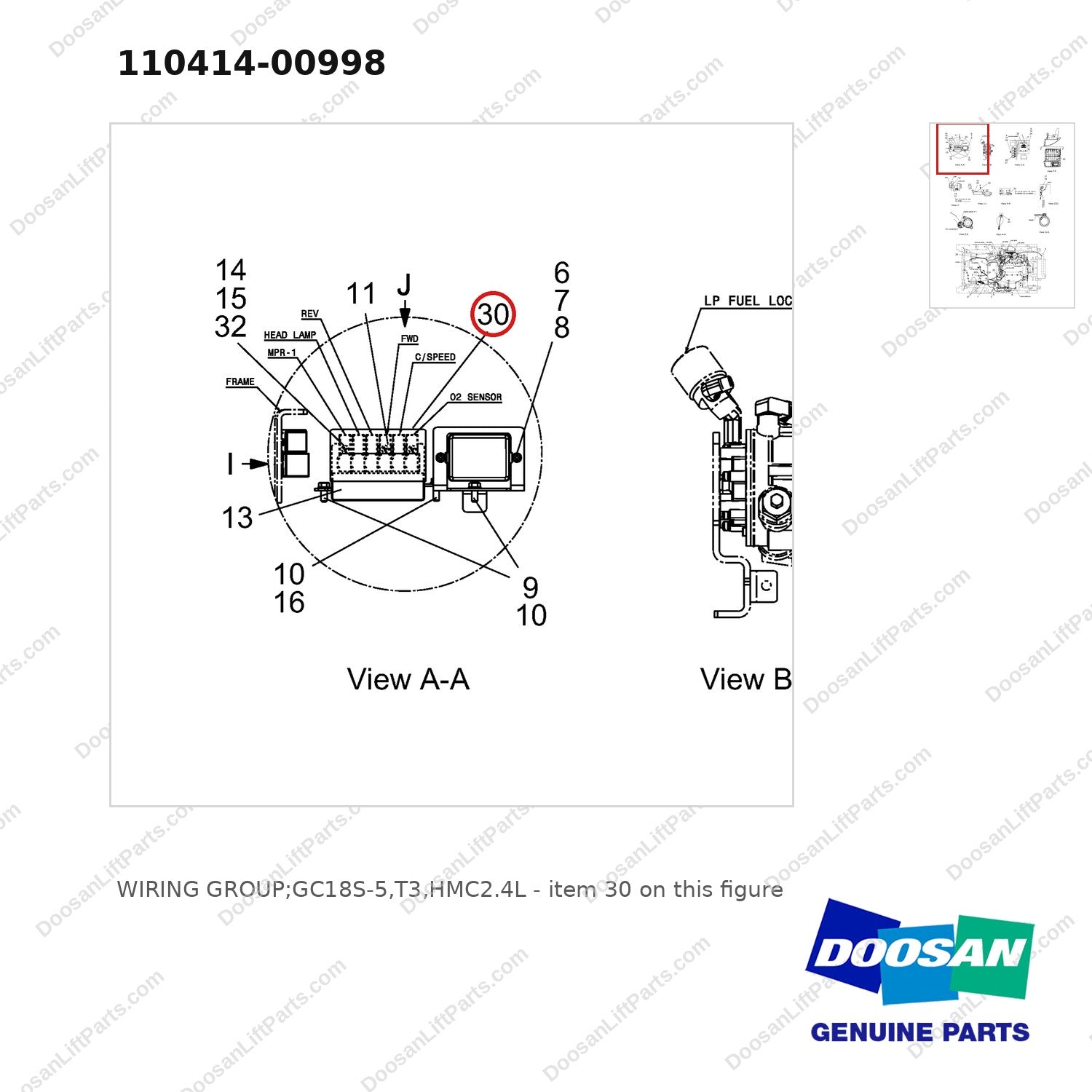110414-00998 WIRING GROUP;GC18S-5,T3,HMC2.4L - parts diagram, item 30 shown - genuine Doosan / Bobcat forklift part