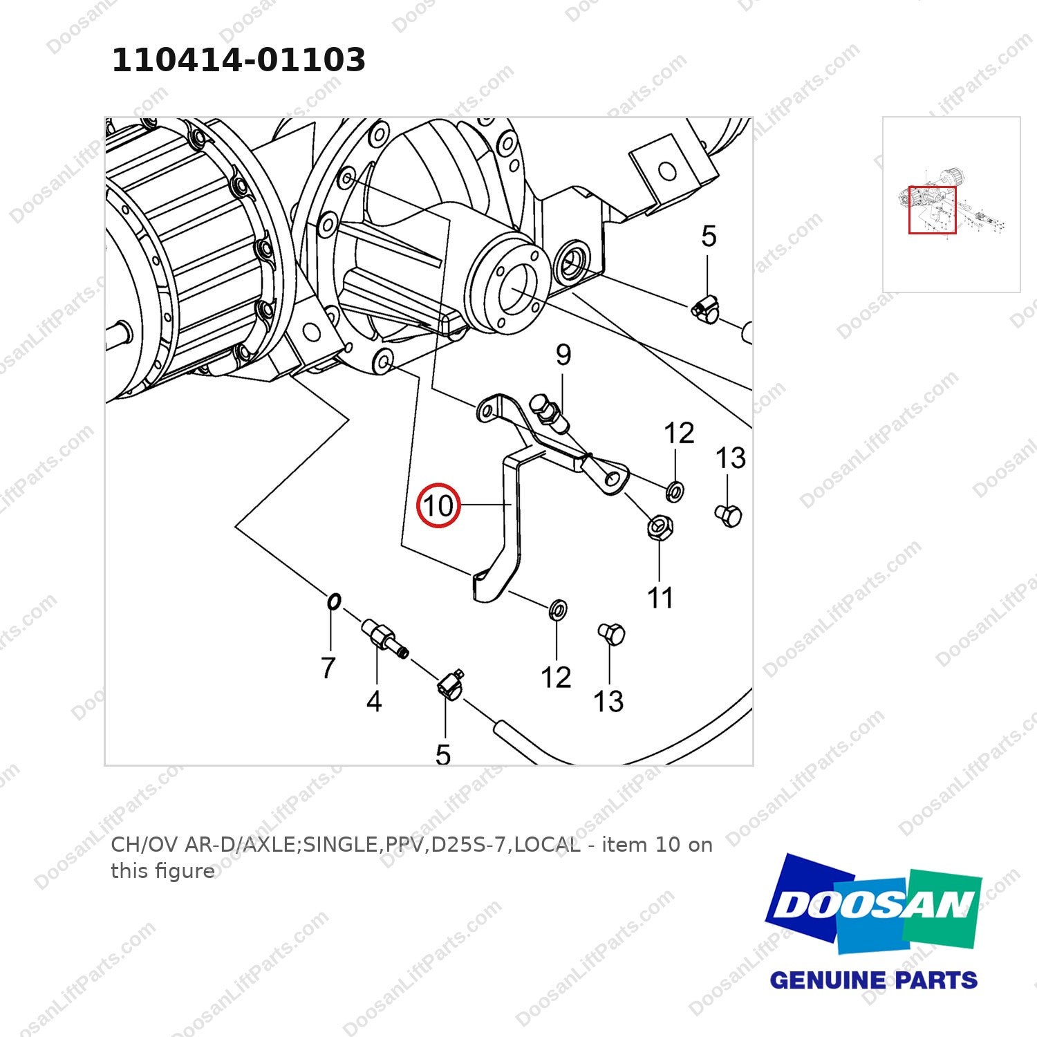 110414-01103 CH/OV AR-D/AXLE;SINGLE,PPV,D25S-7,LOCAL - parts diagram, item 10 shown - genuine Doosan / Bobcat forklift part