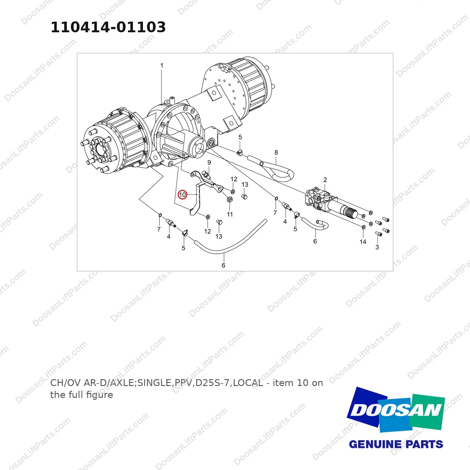 110414-01103 CH/OV AR-D/AXLE;SINGLE,PPV,D25S-7,LOCAL - full parts diagram, item 10 marked - genuine Doosan / Bobcat forklift part