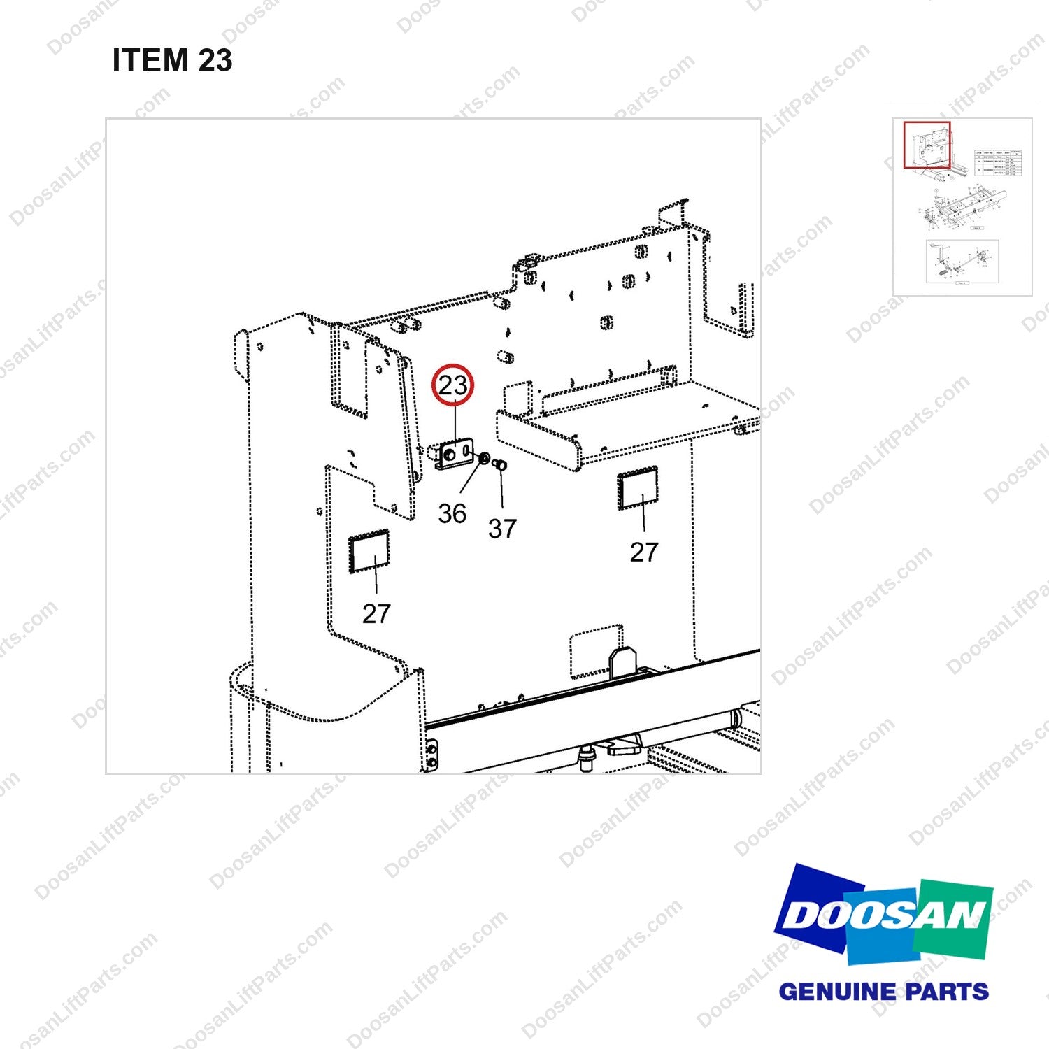 110414-01203 Battery Bed Gp ,Curtis - parts diagram, item 23 shown - genuine Doosan / Bobcat forklift part