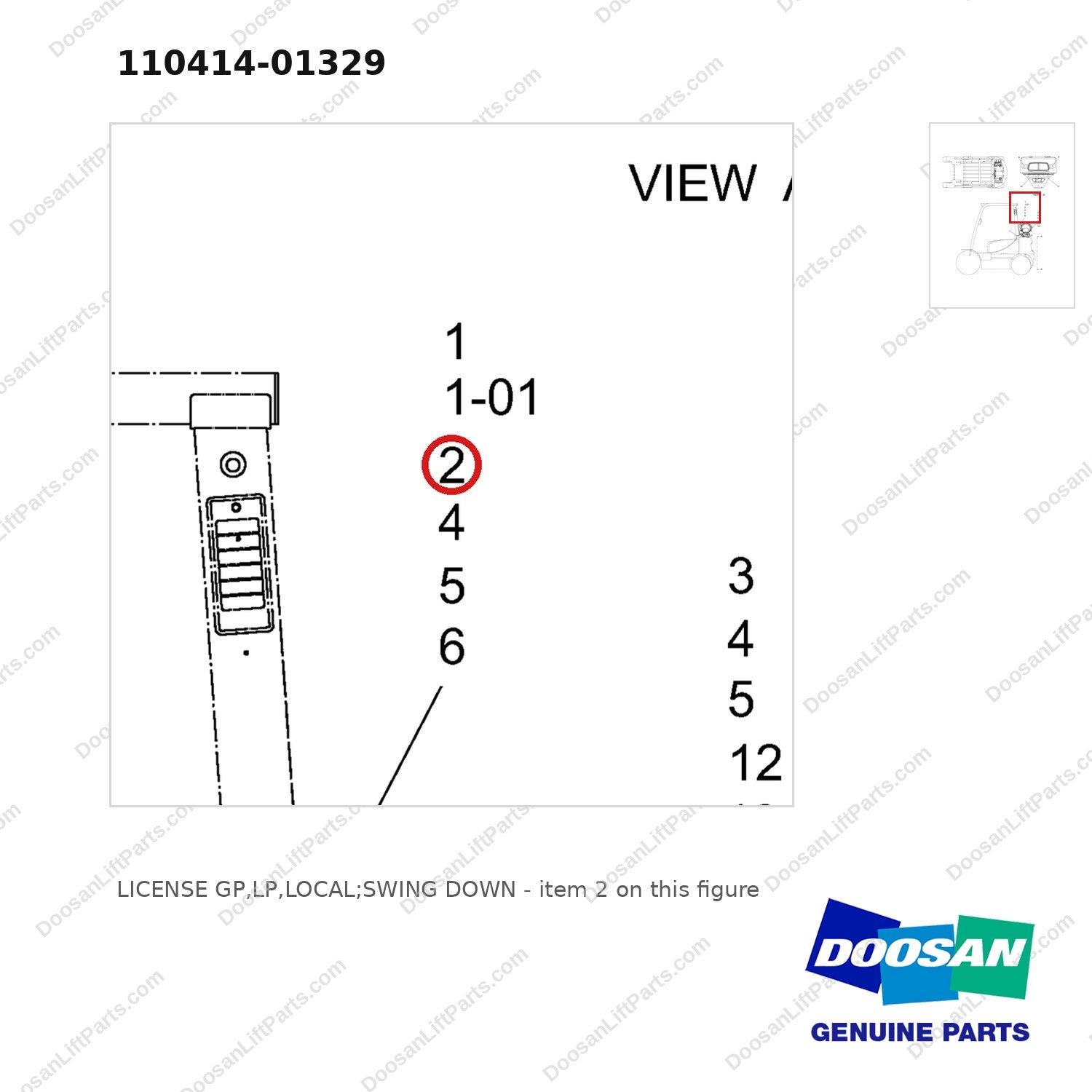 110414-01329 LICENSE GP,LP,LOCAL;SWING DOWN - parts diagram, item 2 shown - genuine Doosan / Bobcat forklift part