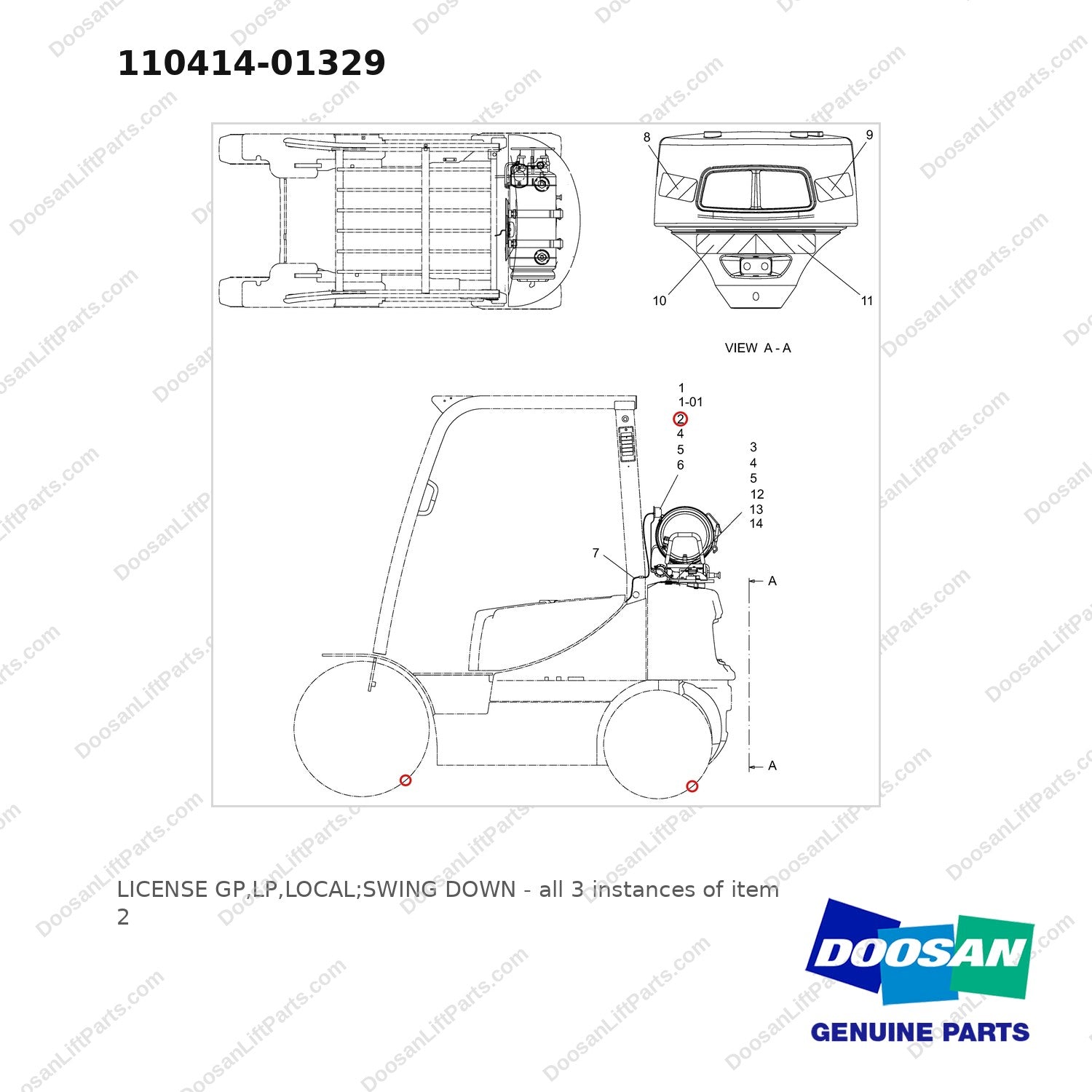 110414-01329 LICENSE GP,LP,LOCAL;SWING DOWN - full parts diagram, item 2 marked - genuine Doosan / Bobcat forklift part