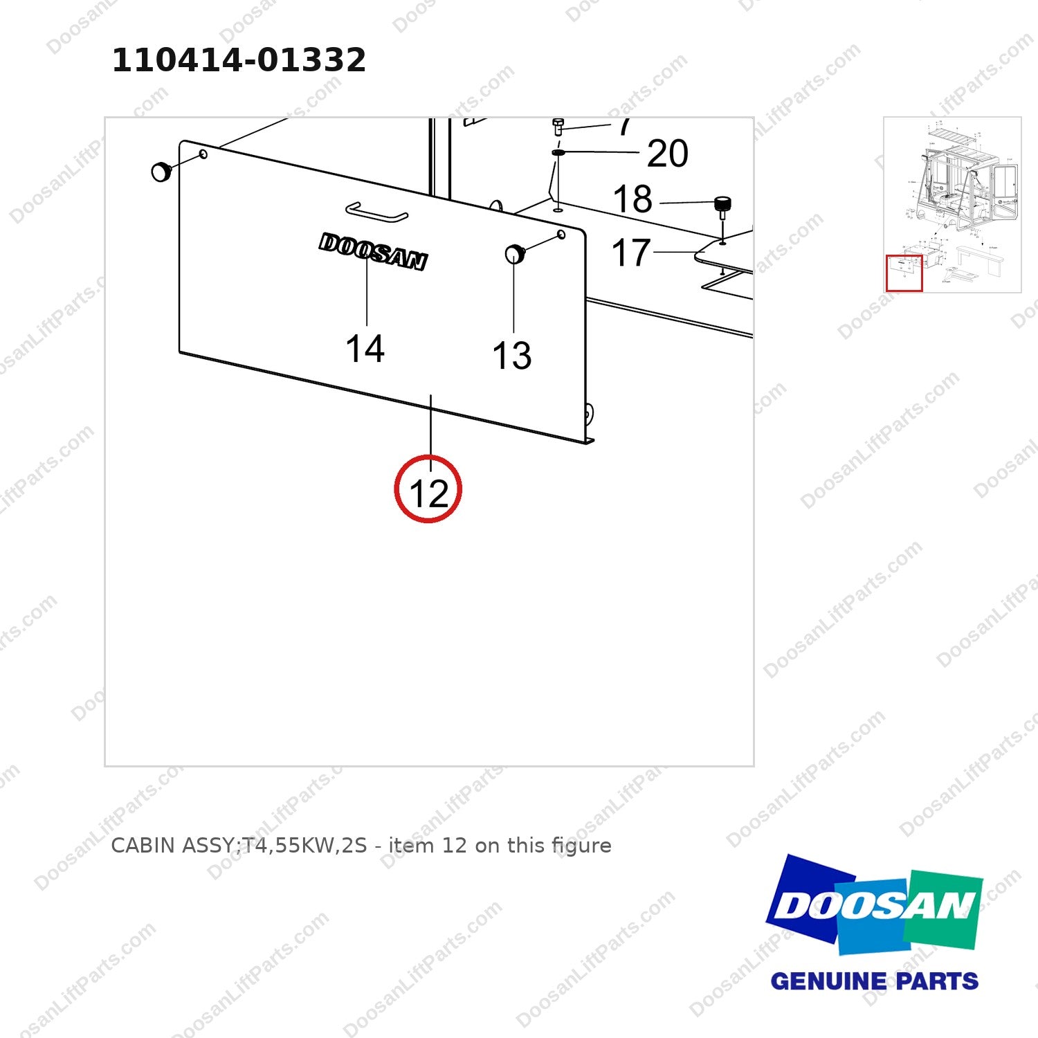 110414-01332 CABIN ASSY;T4,55KW,2S - parts diagram, item 12 shown - genuine Doosan / Bobcat forklift part