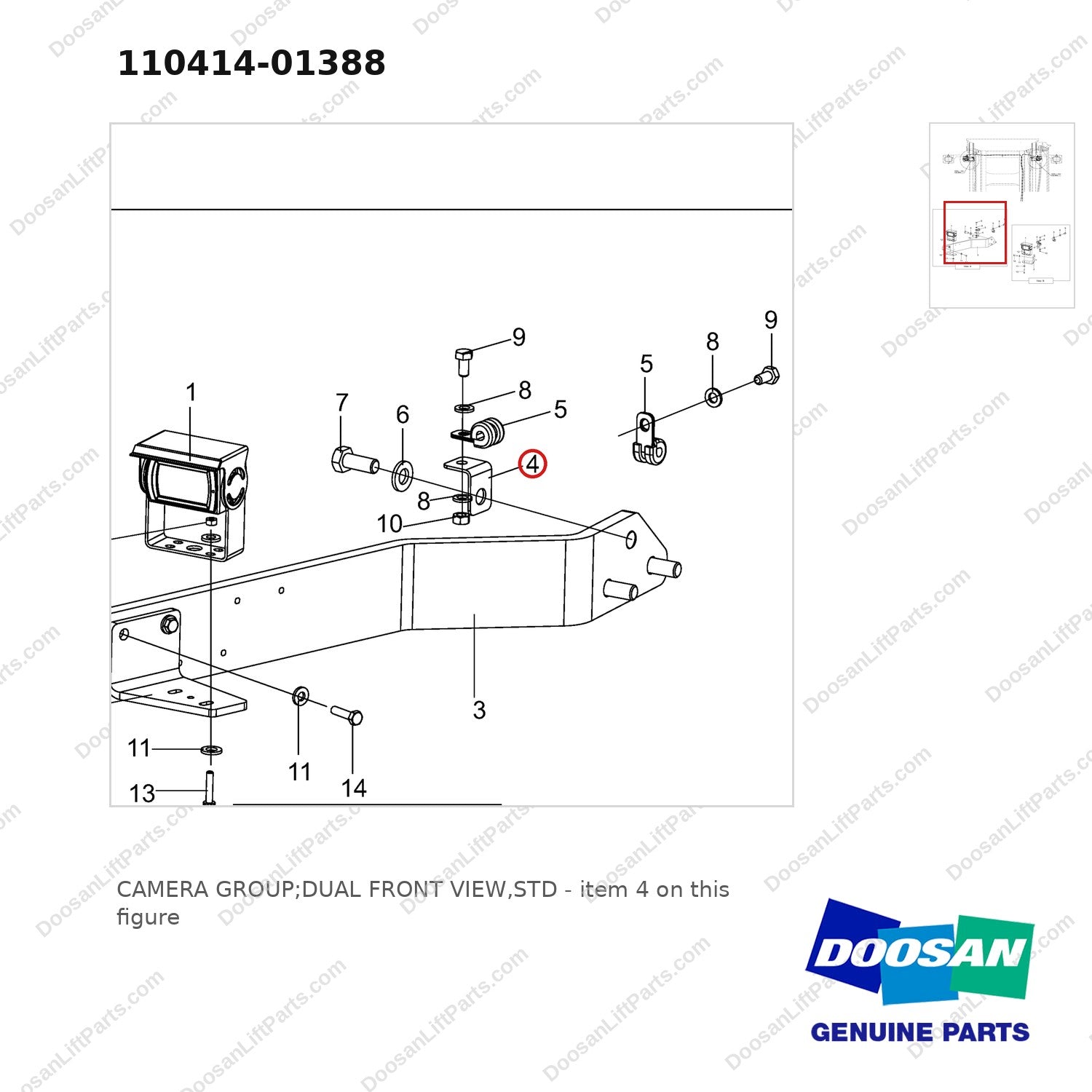 110414-01388 CAMERA GROUP;DUAL FRONT VIEW,STD - parts diagram, item 4 shown - genuine Doosan / Bobcat forklift part