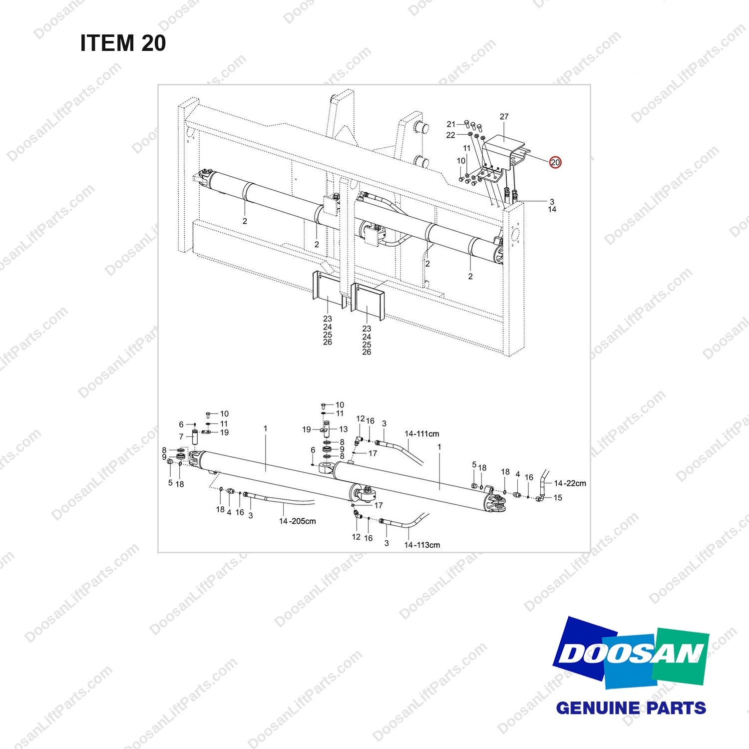 110414-01544 Mounting Gp - Fork Mover - FFT(FP , Independent Moving Type) - full parts diagram, item 20 marked - genuine Doosan / Bobcat forklift part