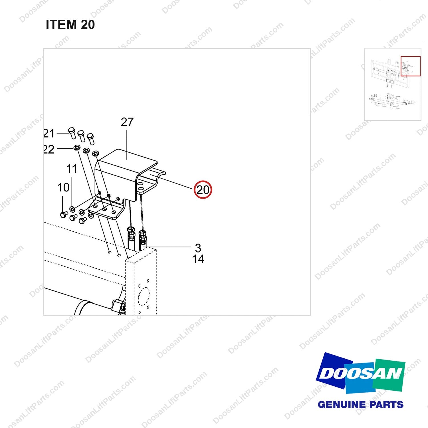 110414-01544 Mounting Gp - Fork Mover - FFT(FP , Independent Moving Type) - parts diagram, item 20 shown - genuine Doosan / Bobcat forklift part