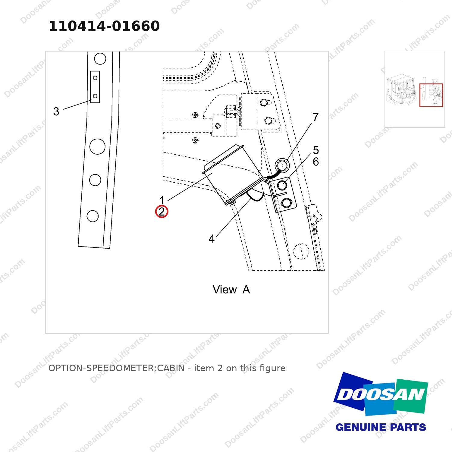 110414-01660 OPTION-SPEEDOMETER;CABIN - parts diagram, item 2 shown - genuine Doosan / Bobcat forklift part