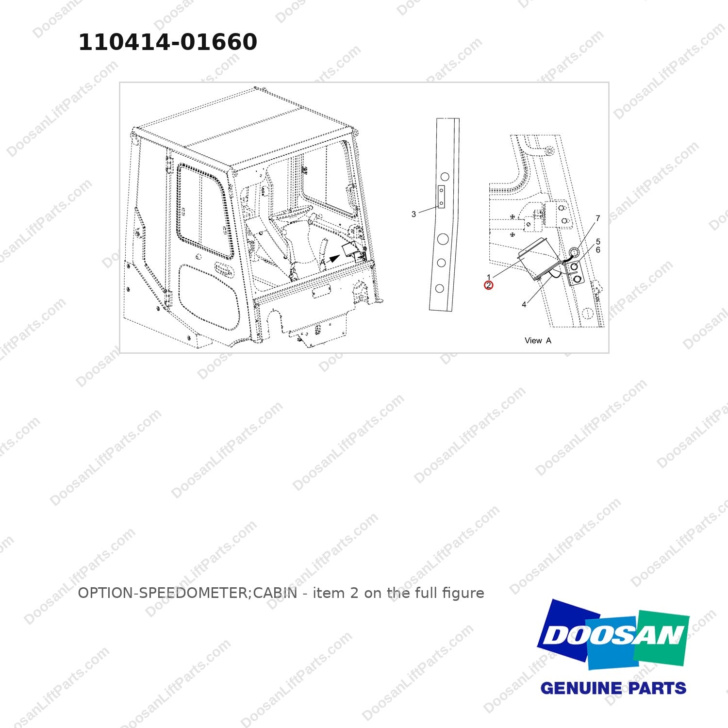 110414-01660 OPTION-SPEEDOMETER;CABIN - full parts diagram, item 2 marked - genuine Doosan / Bobcat forklift part