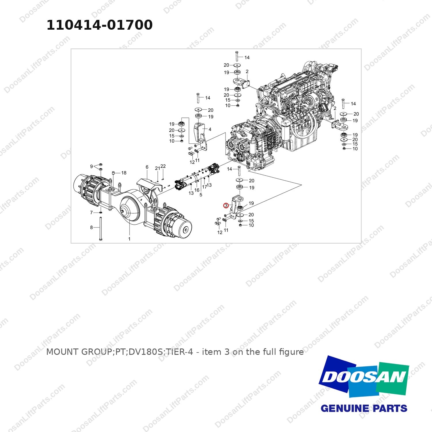 110414-01700 MOUNT GROUP;PT;DV180S;TIER-4 - full parts diagram, item 3 marked - genuine Doosan / Bobcat forklift part