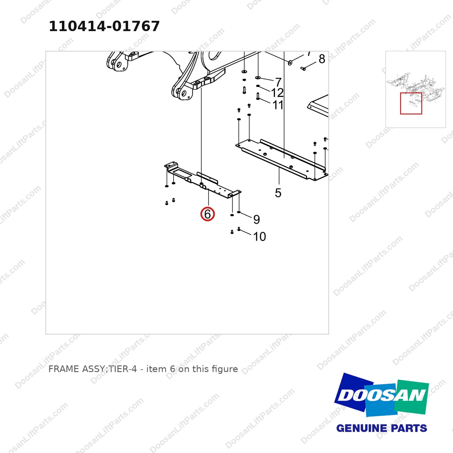 110414-01767 FRAME ASSY;TIER-4 - parts diagram, item 6 shown - genuine Doosan / Bobcat forklift part