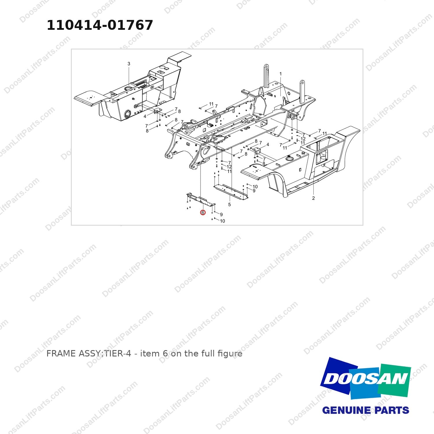 110414-01767 FRAME ASSY;TIER-4 - full parts diagram, item 6 marked - genuine Doosan / Bobcat forklift part