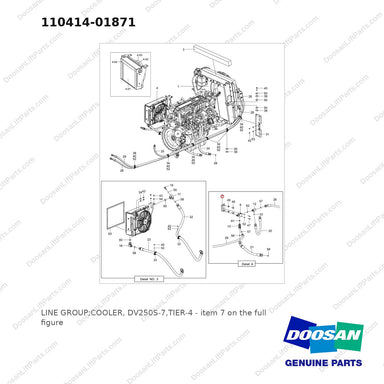 110414-01871 LINE GROUP;COOLER, DV250S-7,TIER-4 - full parts diagram, item 7 marked - genuine Doosan / Bobcat forklift part