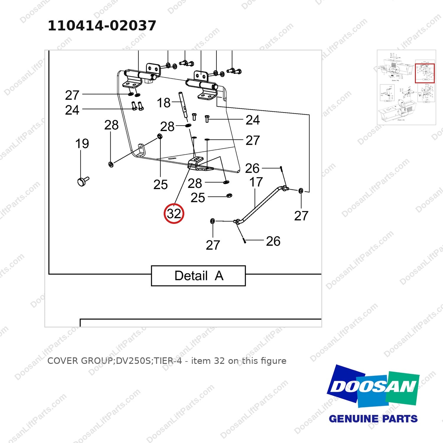 110414-02037 COVER GROUP;DV250S;TIER-4 - parts diagram, item 32 shown - genuine Doosan / Bobcat forklift part