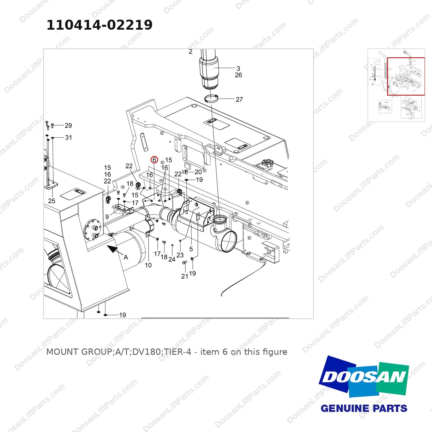 110414-02219 MOUNT GROUP;A/T;DV180;TIER-4 - parts diagram, item 6 shown - genuine Doosan / Bobcat forklift part
