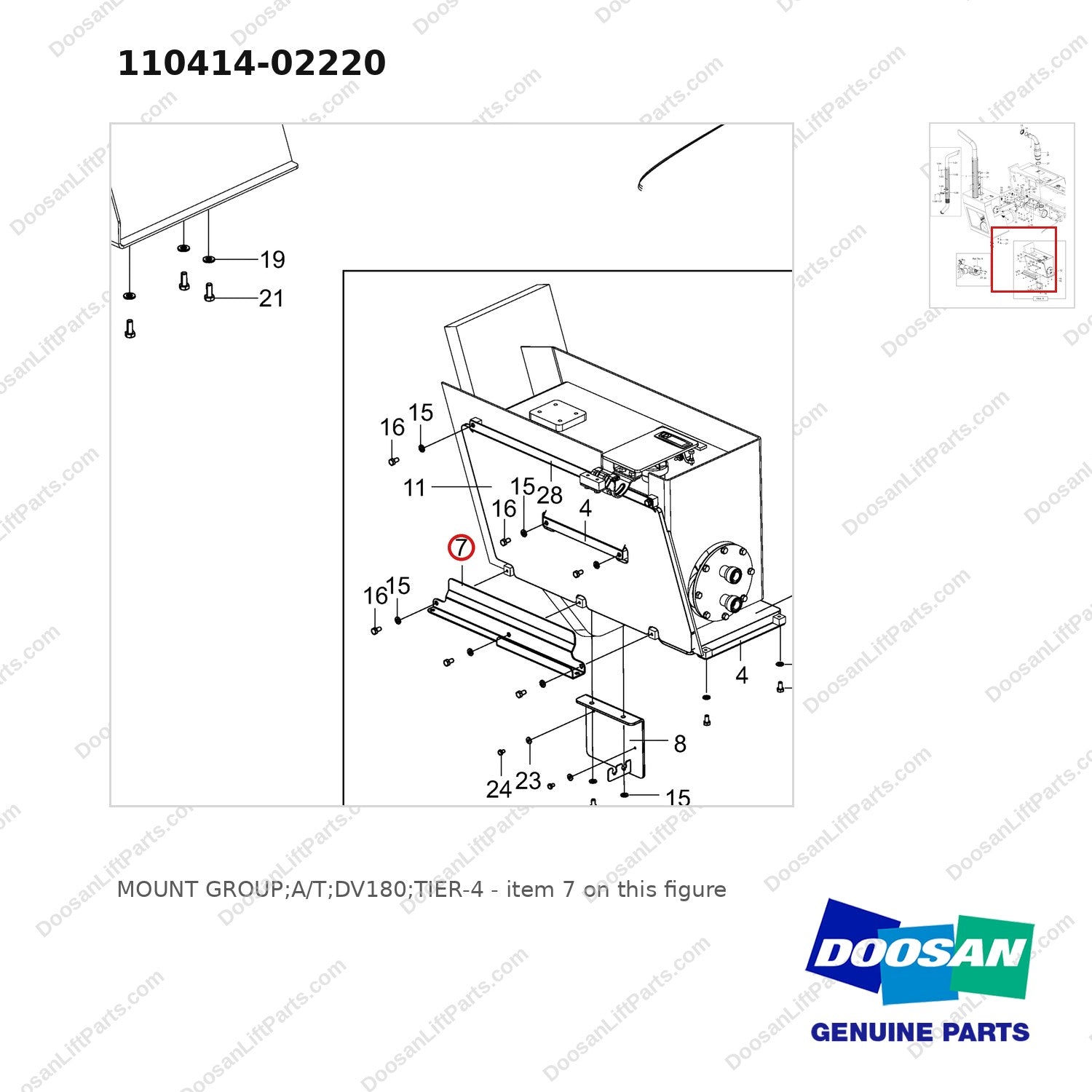 110414-02220 MOUNT GROUP;A/T;DV180;TIER-4 - parts diagram, item 7 shown - genuine Doosan / Bobcat forklift part