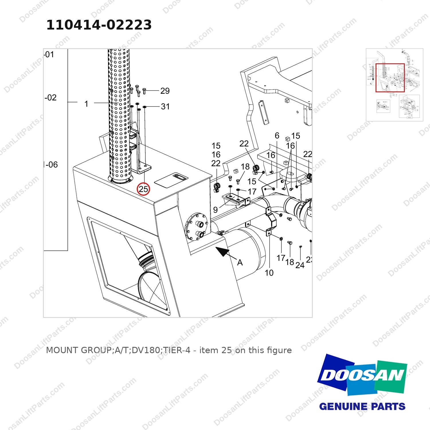 110414-02223 MOUNT GROUP;A/T;DV180;TIER-4 - parts diagram, item 25 shown - genuine Doosan / Bobcat forklift part