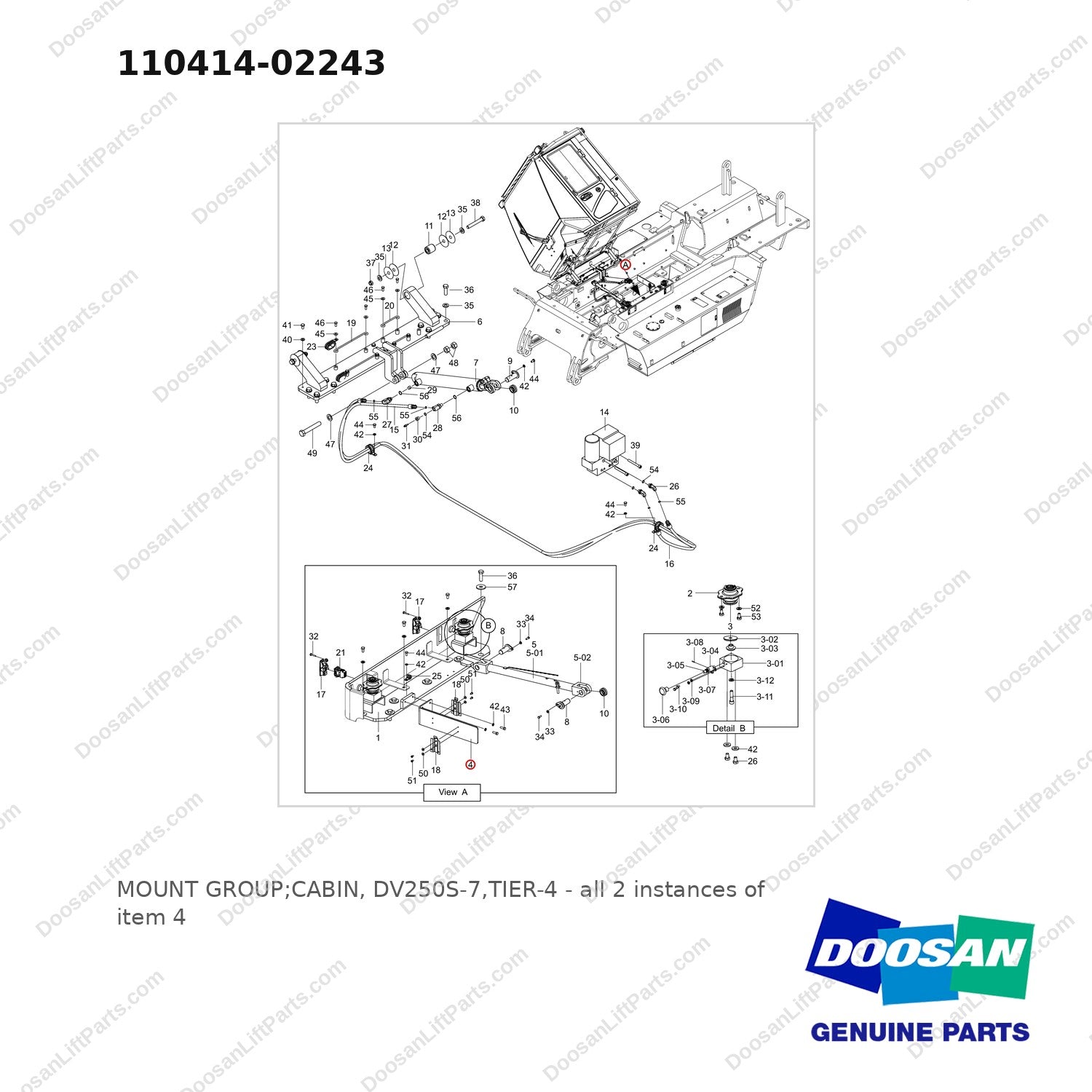 110414-02243 MOUNT GROUP;CABIN, DV250S-7,TIER-4 - full parts diagram, item 4 marked - genuine Doosan / Bobcat forklift part
