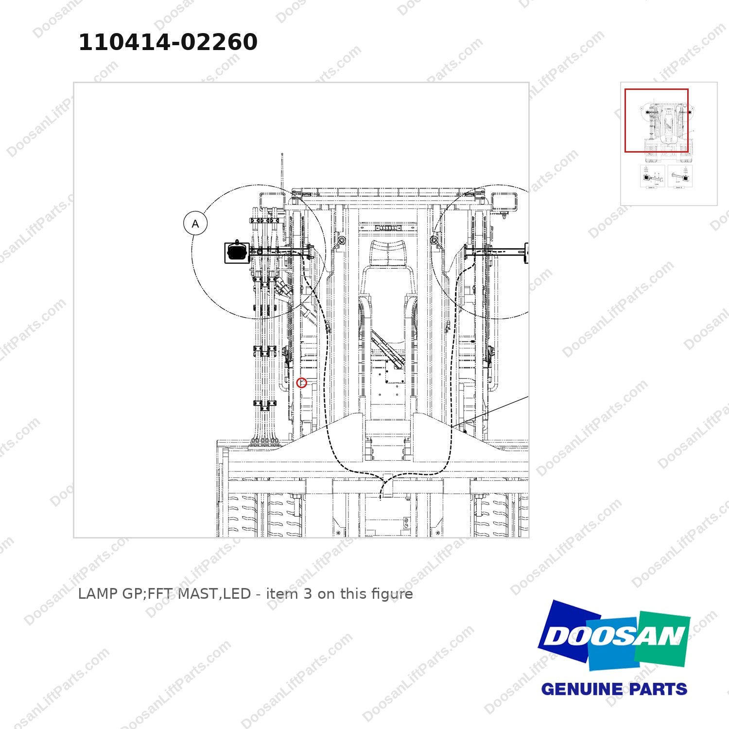 110414-02260 LAMP GP;FFT MAST,LED - parts diagram, item 3 shown - genuine Doosan / Bobcat forklift part