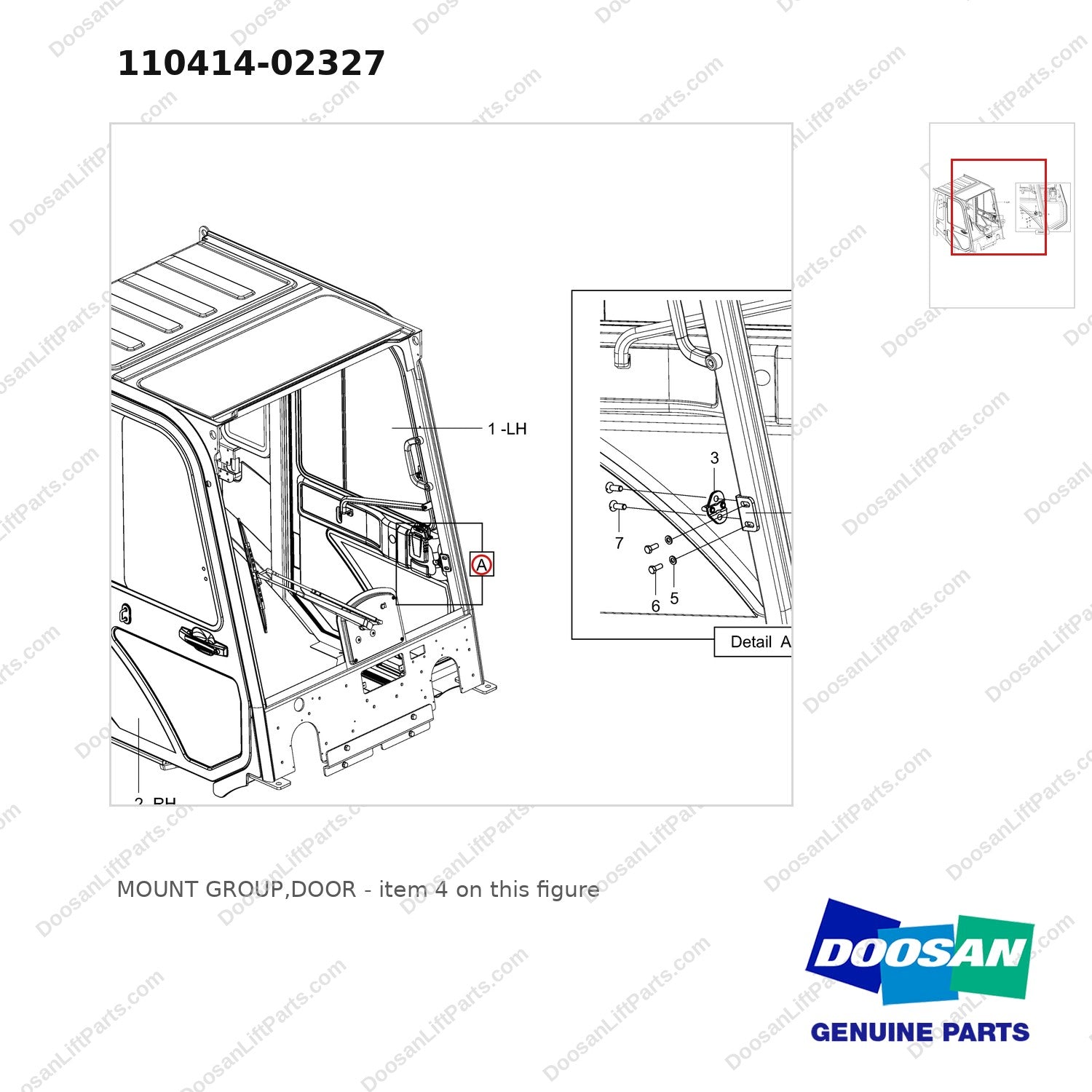 110414-02327 MOUNT GROUP,DOOR - parts diagram, item 4 shown - genuine Doosan / Bobcat forklift part