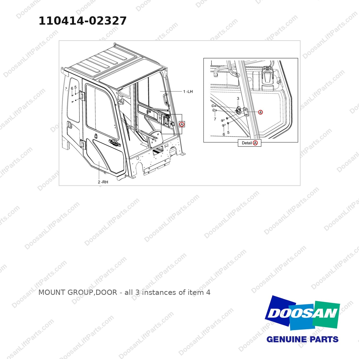 110414-02327 MOUNT GROUP,DOOR - full parts diagram, item 4 marked - genuine Doosan / Bobcat forklift part