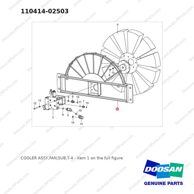 110414-02503 COOLER ASSY,FAN;SUB,T-4 - full parts diagram, item 1 marked - genuine Doosan / Bobcat forklift part