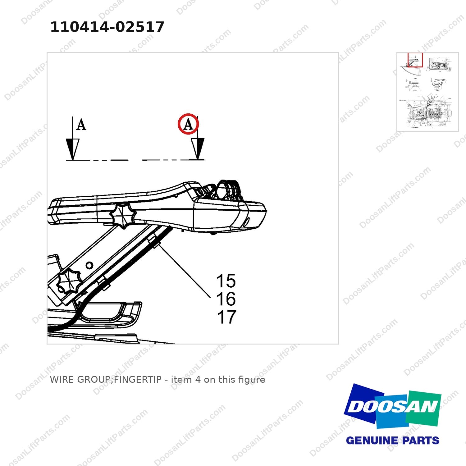 110414-02517 WIRE GROUP;FINGERTIP - parts diagram, item 4 shown - genuine Doosan / Bobcat forklift part