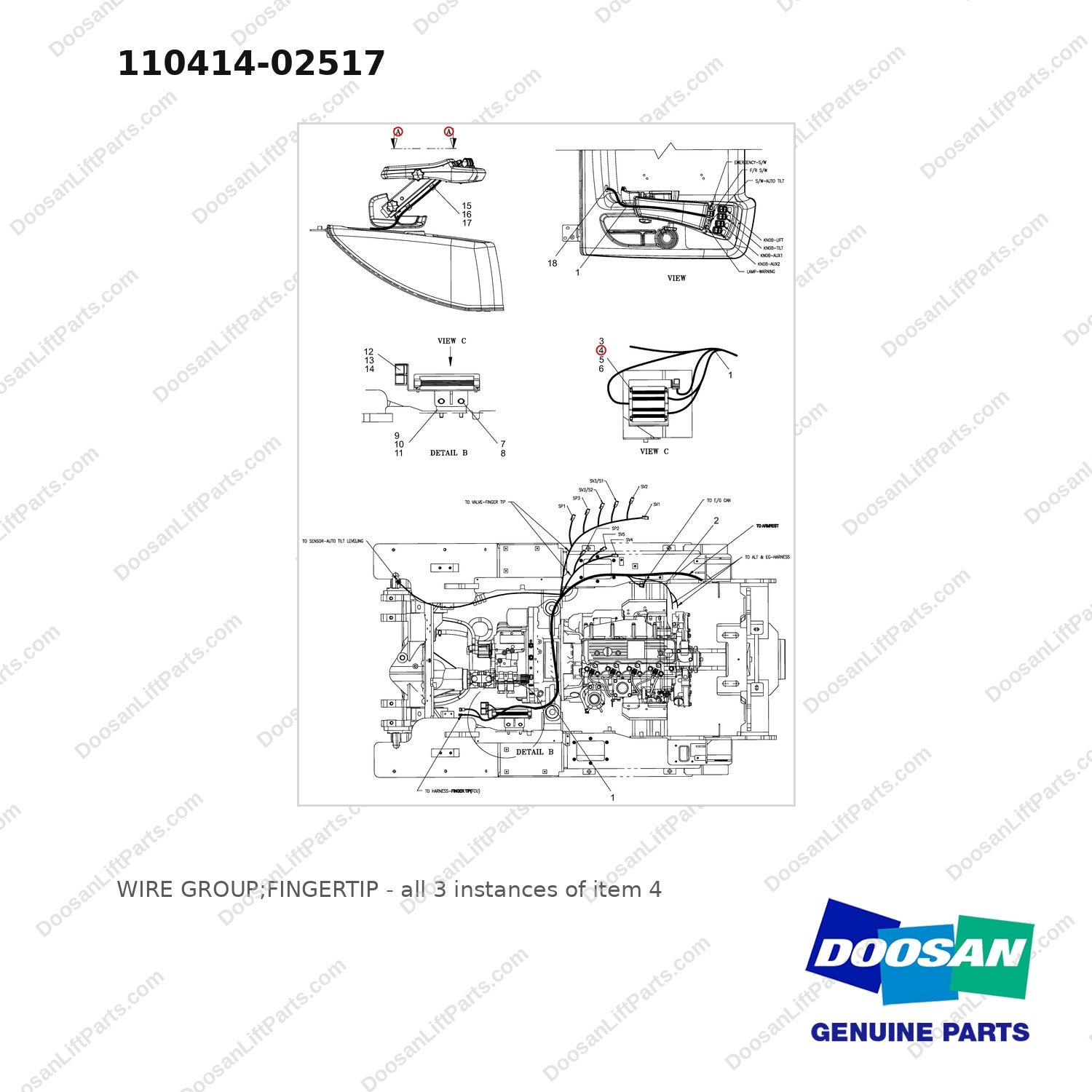 110414-02517 WIRE GROUP;FINGERTIP - full parts diagram, item 4 marked - genuine Doosan / Bobcat forklift part