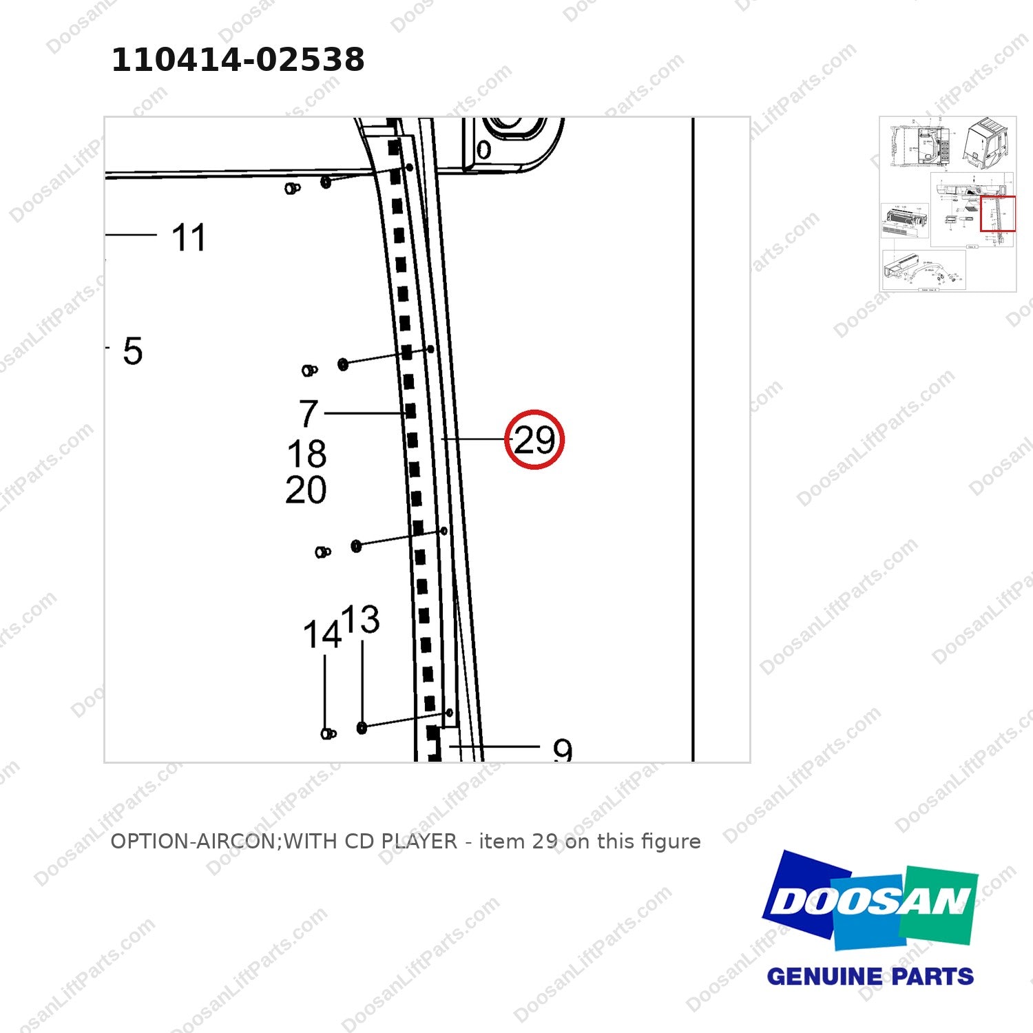 110414-02538 OPTION-AIRCON;WITH CD PLAYER - parts diagram, item 29 shown - genuine Doosan / Bobcat forklift part