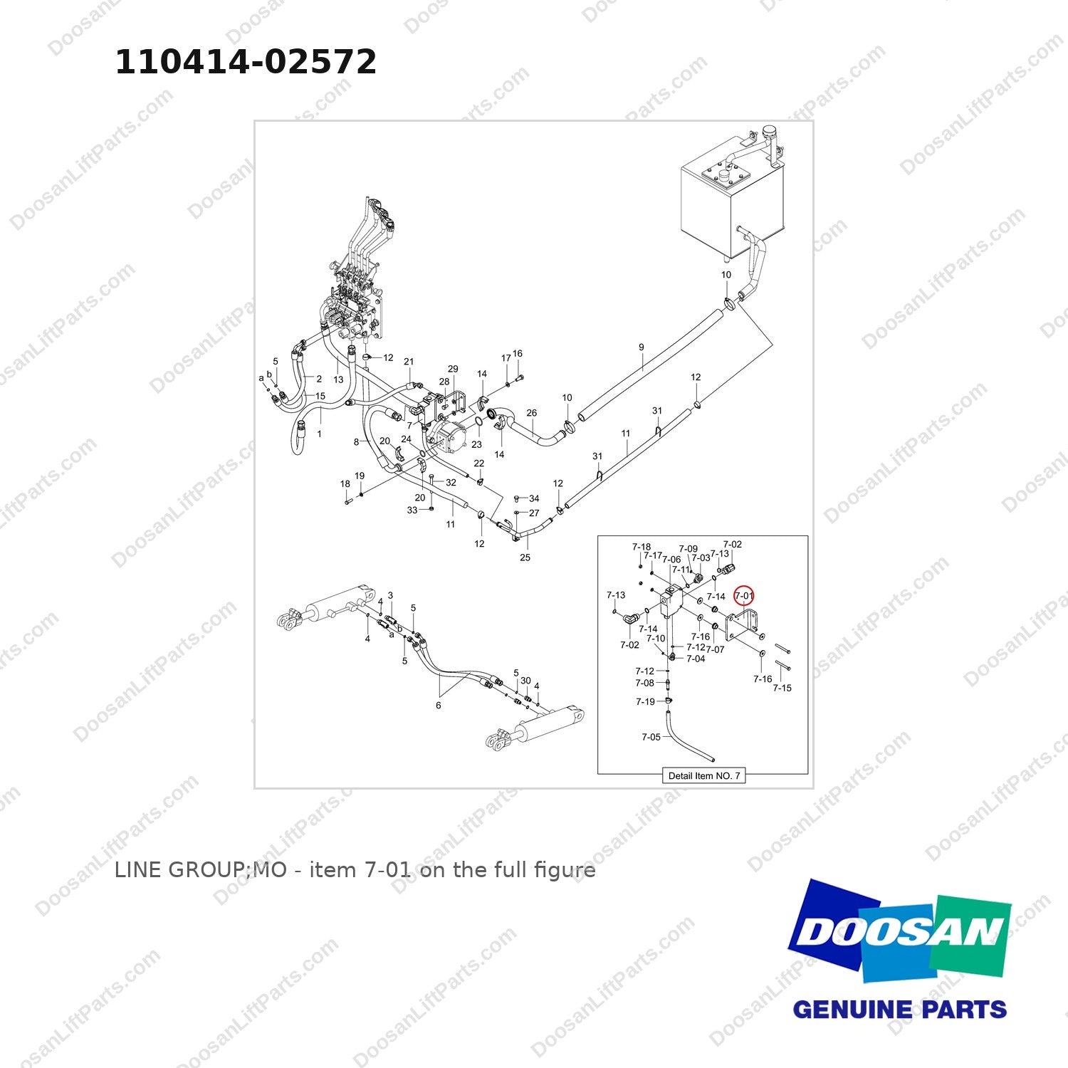 110414-02572 LINE GROUP;MO - full parts diagram, item 7-01 marked - genuine Doosan / Bobcat forklift part