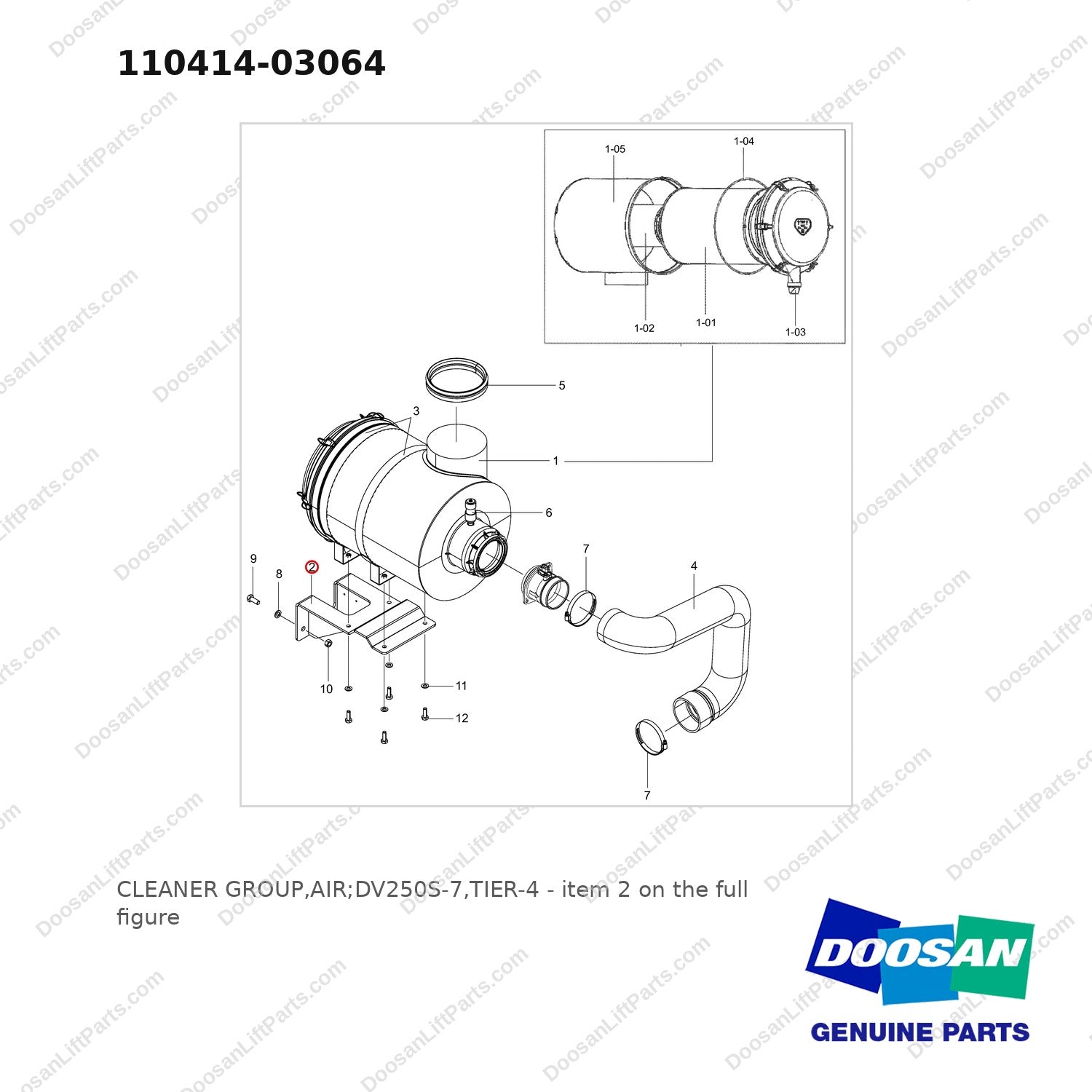 110414-03064 CLEANER GROUP,AIR;DV250S-7,TIER-4 - full parts diagram, item 2 marked - genuine Doosan / Bobcat forklift part