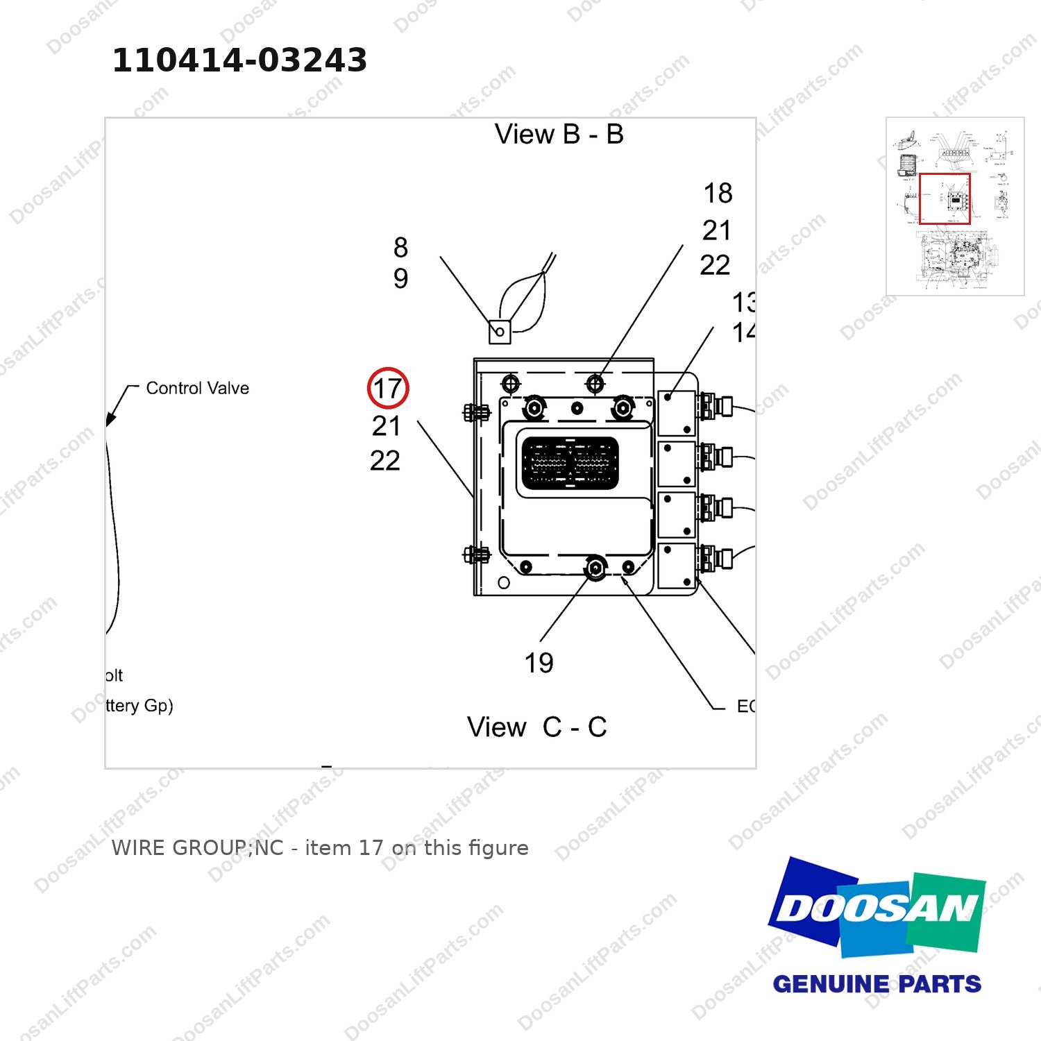 110414-03243 WIRE GROUP;NC - parts diagram, item 17 shown - genuine Doosan / Bobcat forklift part