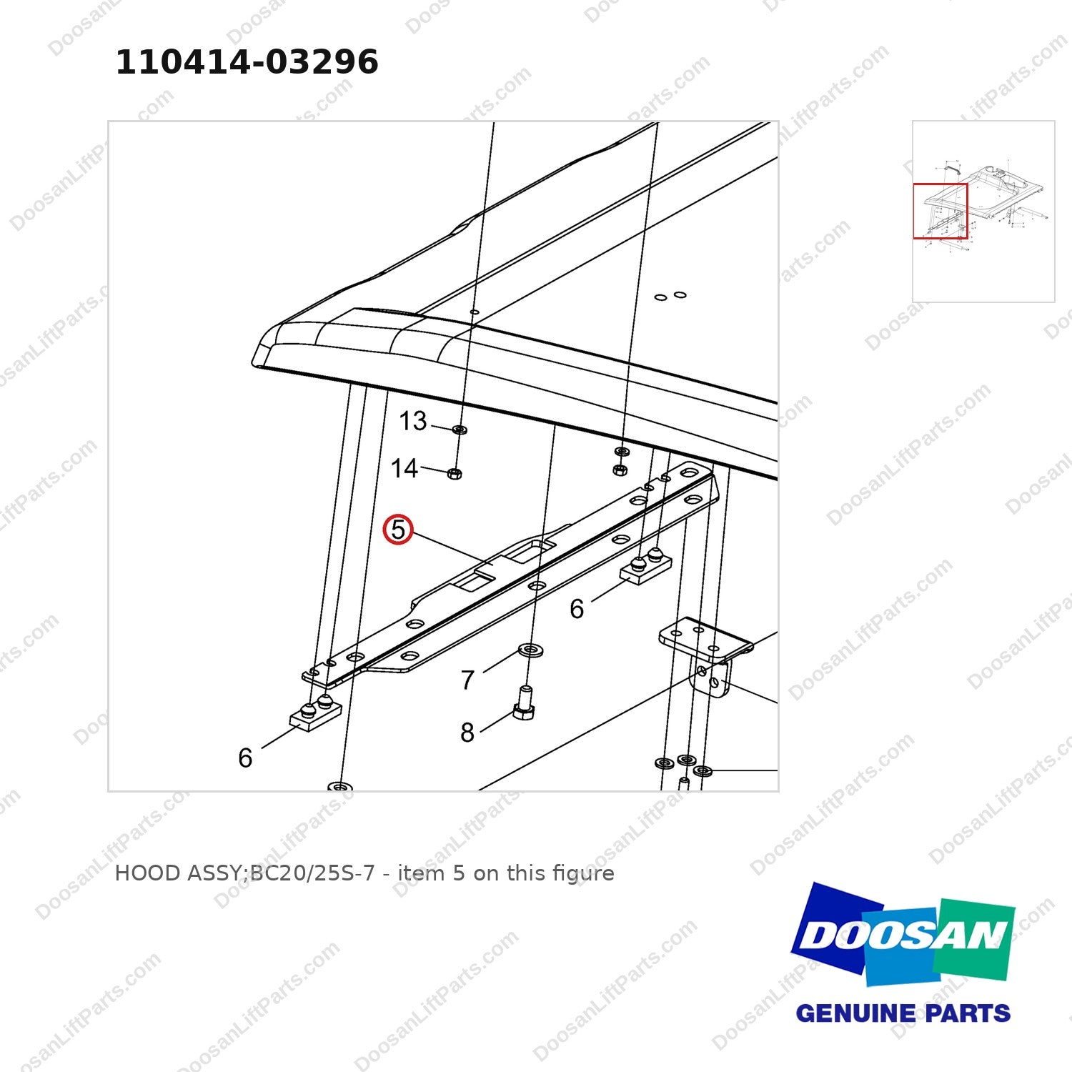 110414-03296 HOOD ASSY;BC20/25S-7 - parts diagram, item 5 shown - genuine Doosan / Bobcat forklift part