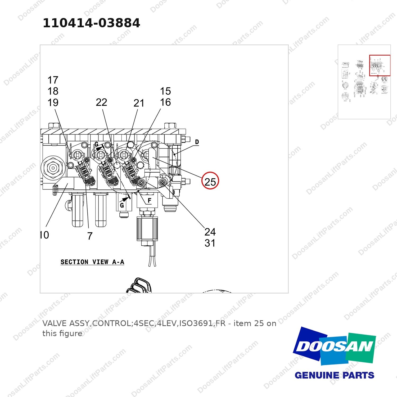 110414-03884 VALVE ASSY,CONTROL;4SEC,4LEV,ISO3691,FR - parts diagram, item 25 shown - genuine Doosan / Bobcat forklift part