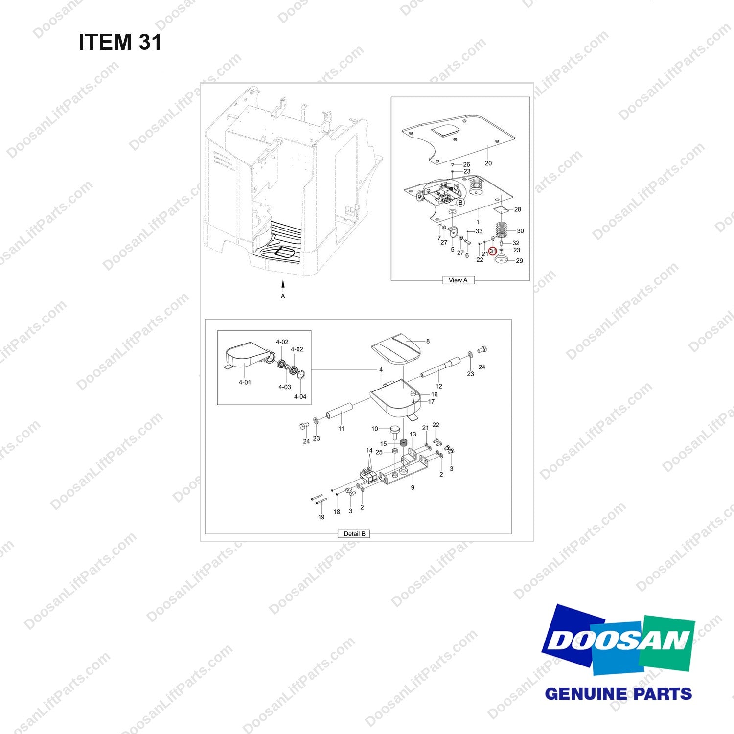 110414-04387 PLATE,FLOOR;GROUP - full parts diagram, item 31 marked - genuine Doosan / Bobcat forklift part