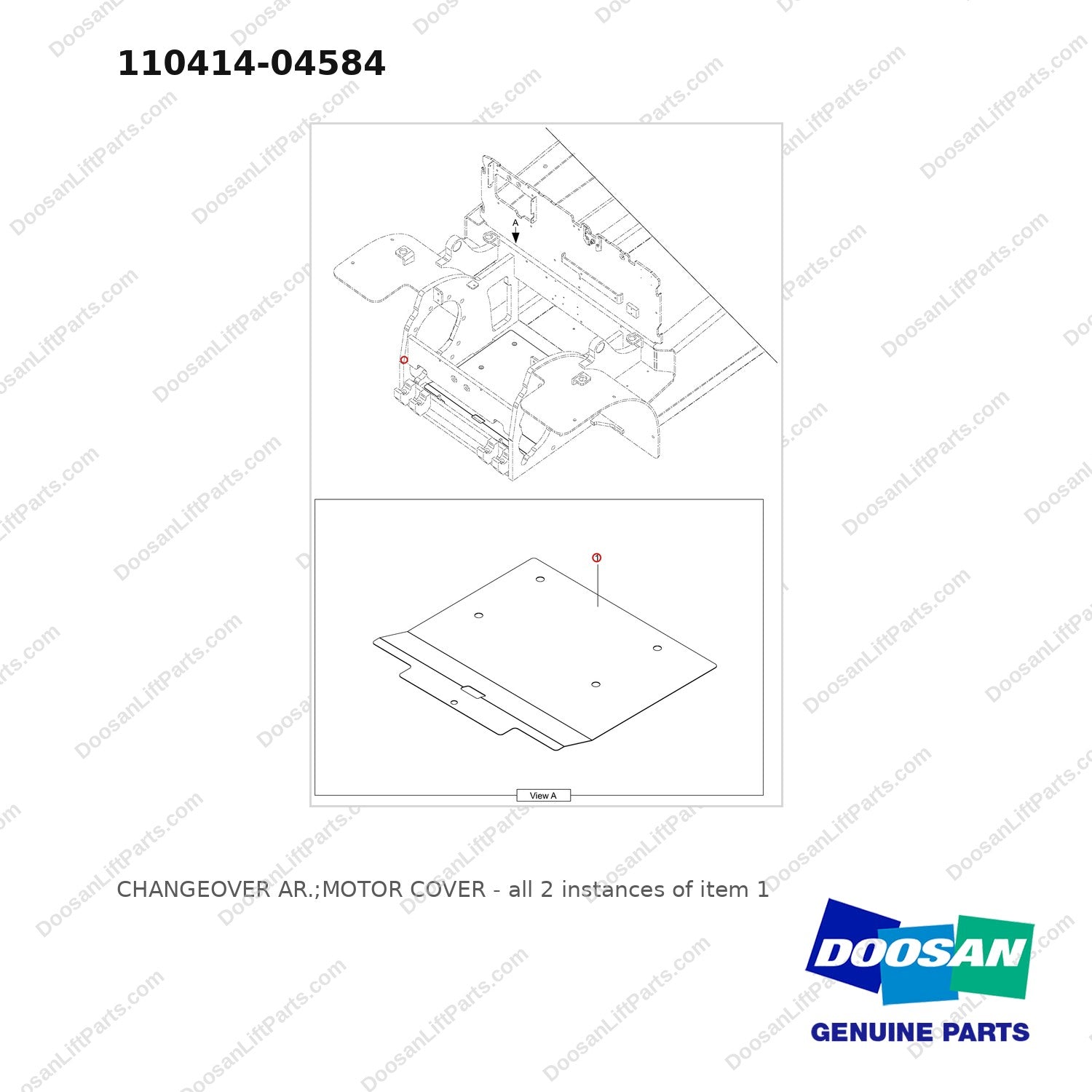 110414-04584 CHANGEOVER AR.;MOTOR COVER - full parts diagram, item 1 marked - genuine Doosan / Bobcat forklift part