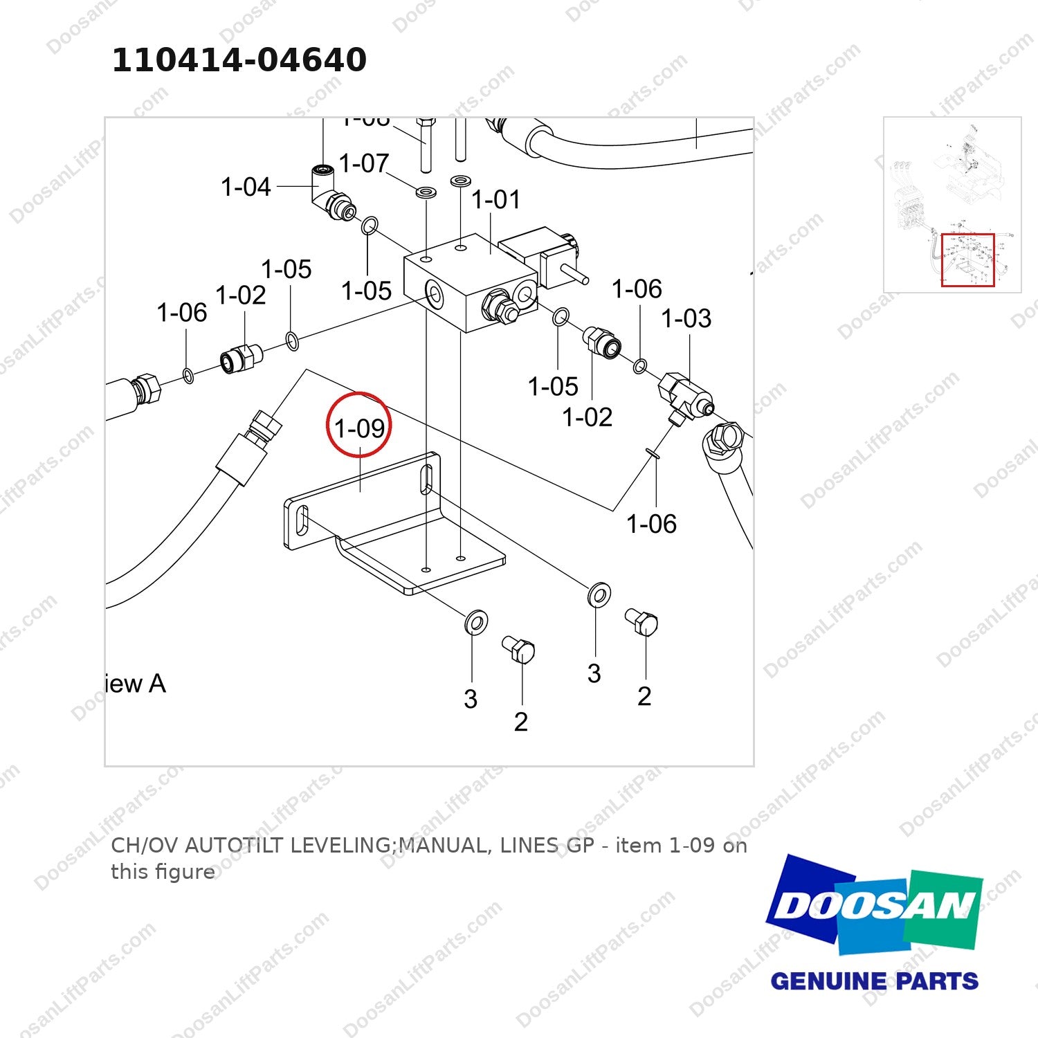 110414-04640 CH/OV AUTOTILT LEVELING;MANUAL, LINES GP - parts diagram, item 1-09 shown - genuine Doosan / Bobcat forklift part