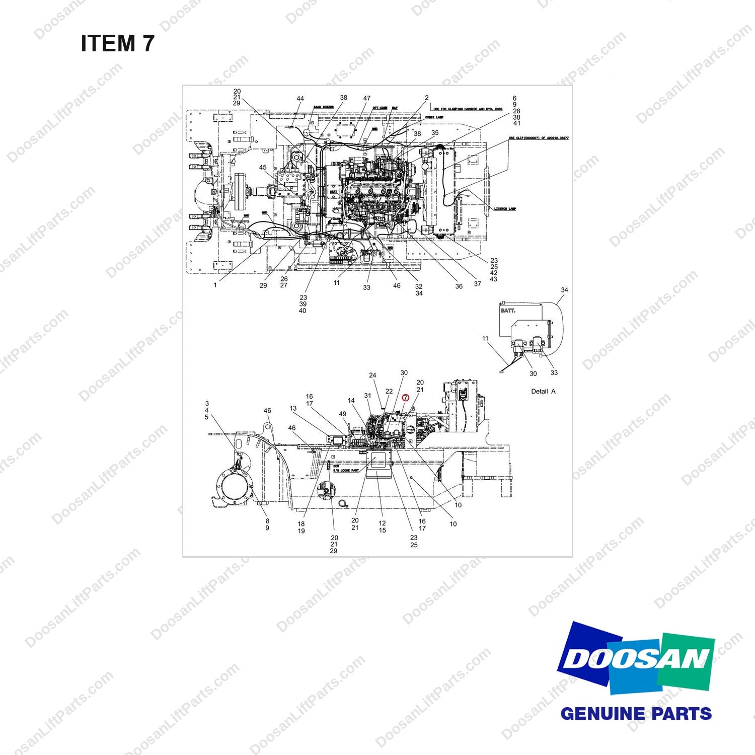 110414-04846 WIRING GROUP;NEW OPC,D40S,T4,74KW - full parts diagram, item 7 marked - genuine Doosan / Bobcat forklift part