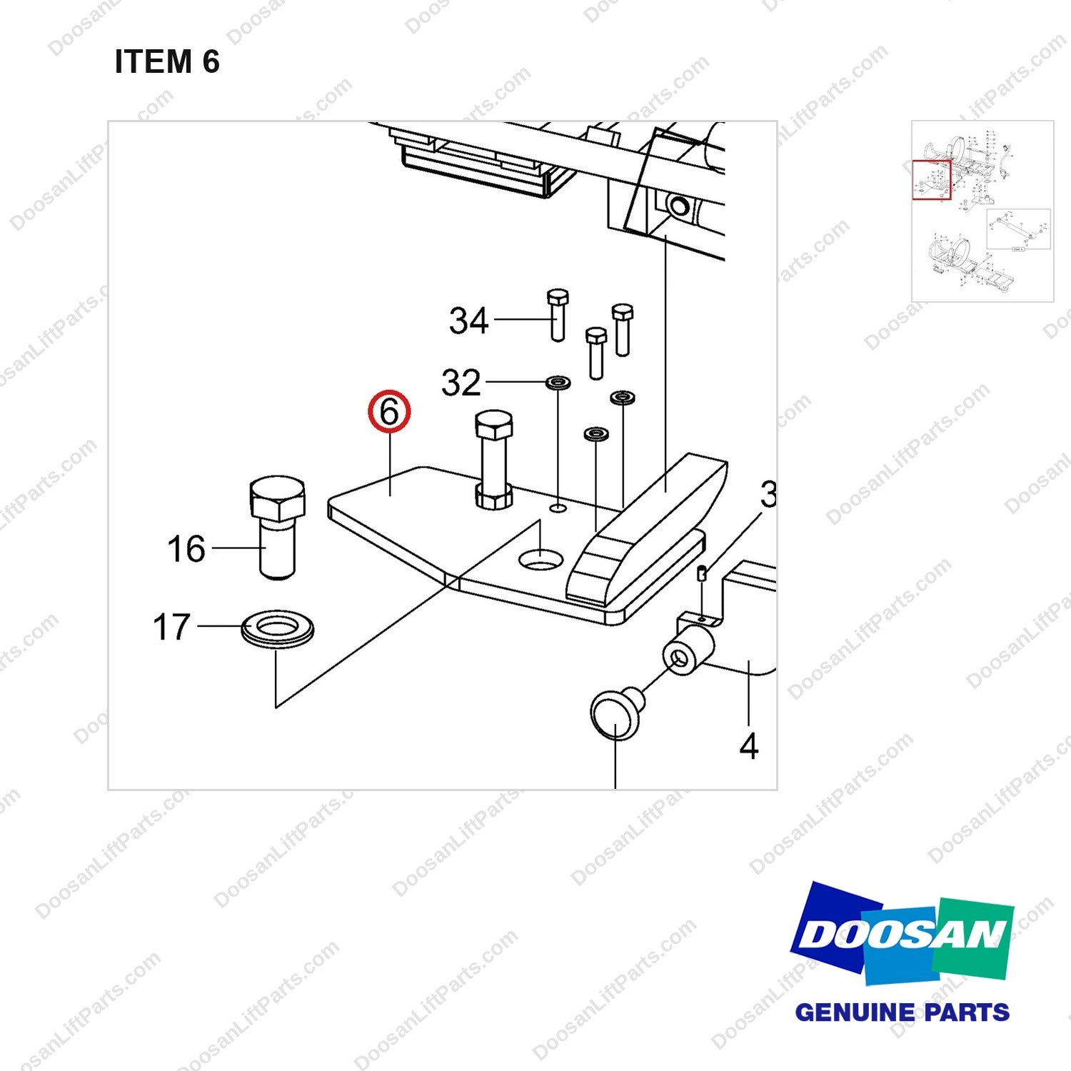110414-05566 CRADLE ASSY;SWING DOWN, GC55C STD - parts diagram, item 6 shown - genuine Doosan / Bobcat forklift part