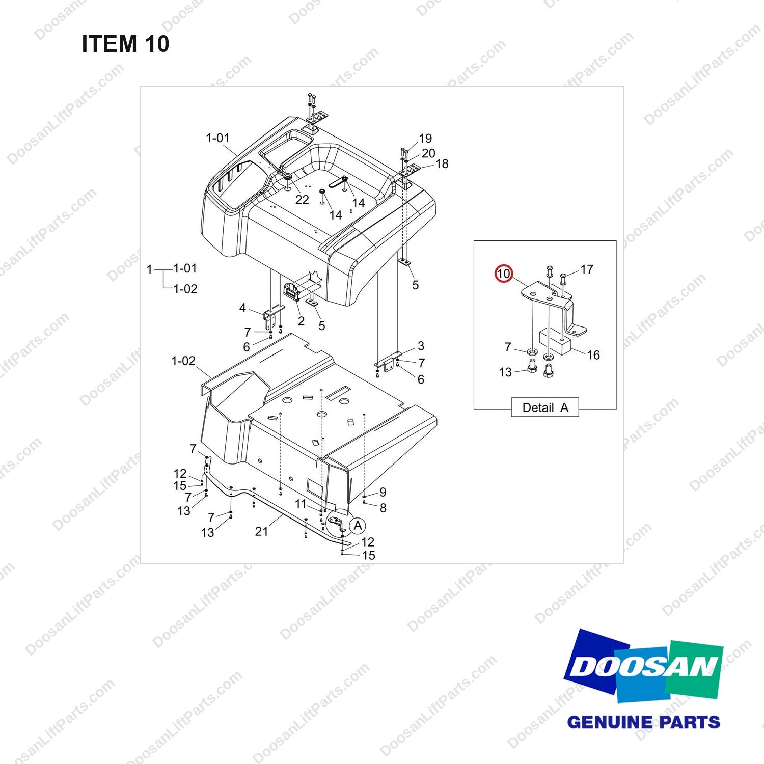 110414-05696 HOOD ASSY;4T FINGERTIP - full parts diagram, item 10 marked - genuine Doosan / Bobcat forklift part